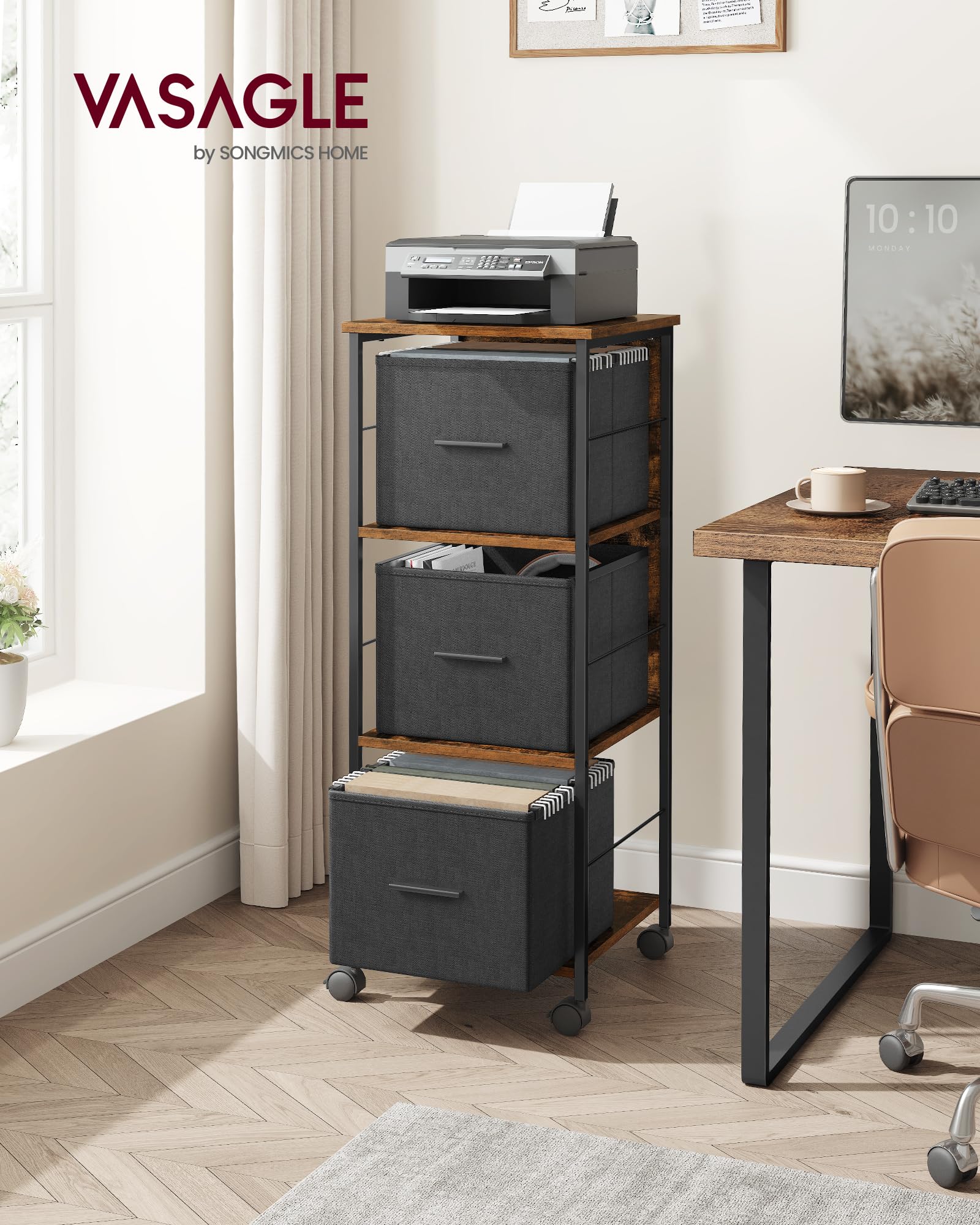 VASAGLE Caisson Bureau, 3 Tiroirs, Bibliothèque, Étagère de Rangement en Cube, Support pour Imprimante, pour Format A4, Dossiers Suspendus, Bureau, Marron Rustique et Noir d’Encre OFC058B01