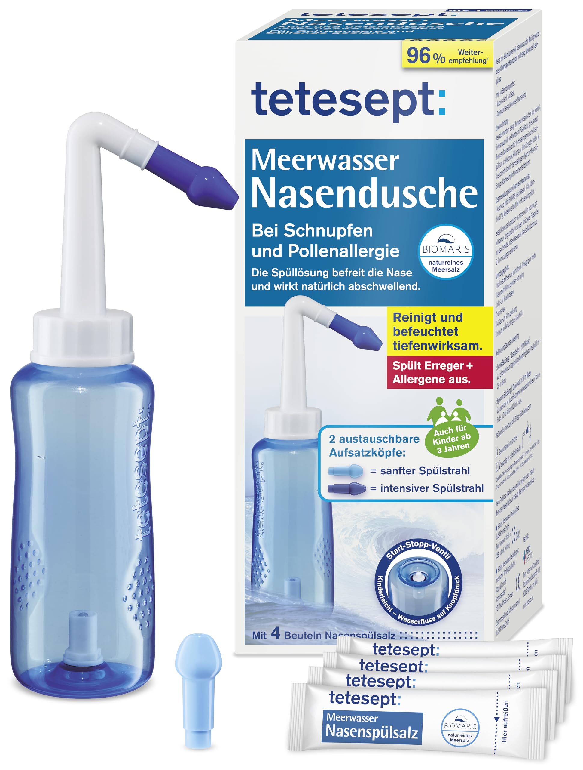 tetesept Meerwasser Nasendusche bei Schnupfen und Pollenallergie – Inkl. 4 Beutel Nasenspülsalz - Zur Nasenspülung mit zwei austauschbaren Aufsätzen auch für Kinder geeignet