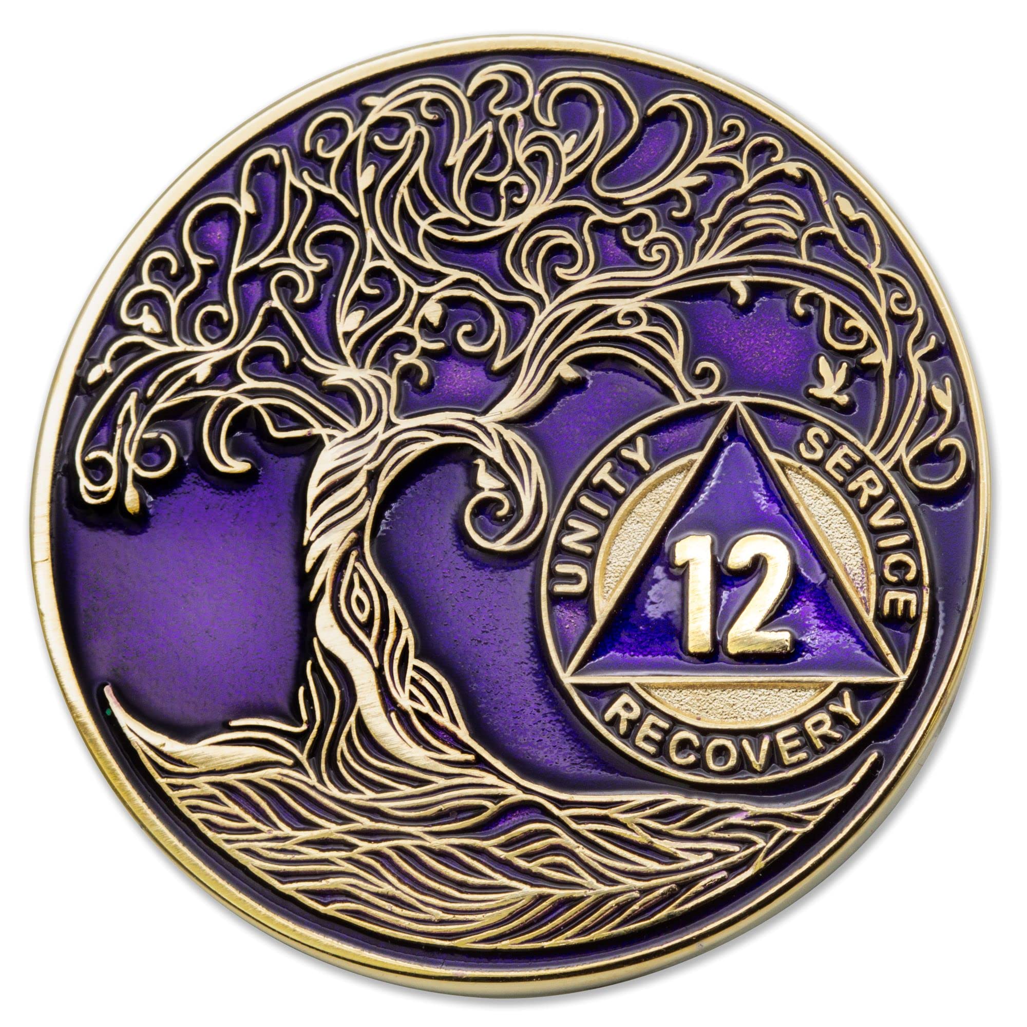 1 to 50 Year Twisted Tree of Life Sobriety Coin - Gold Plated AA Chips &amp; Medallions - 12 Year Sobriety Coin - Purple