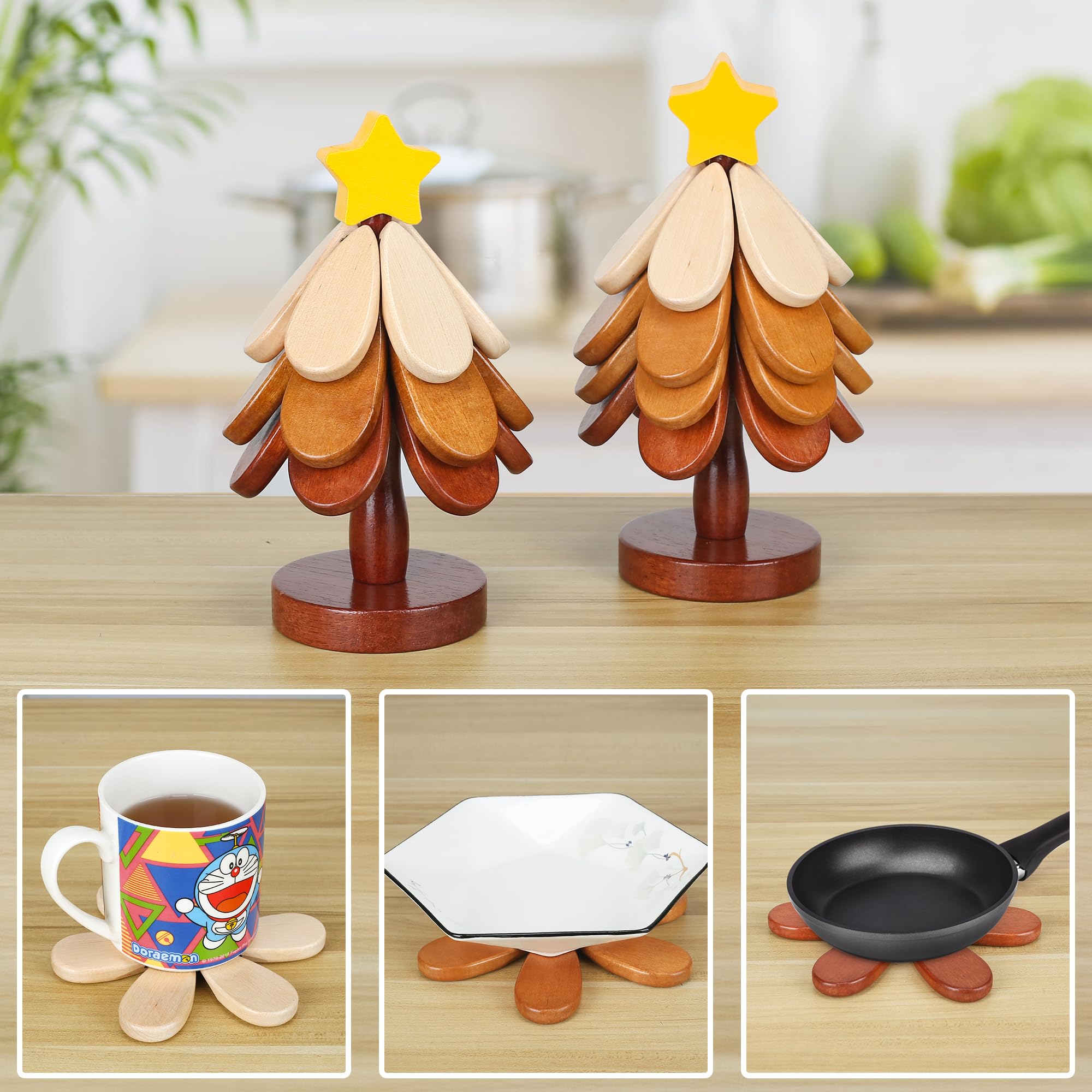 Set Di Sottopentola In Legno A Forma Di Albero Di Natale - Include 5 Sottobicchieri Pieghevoli E 1 Supporto Perfetti Per Piatti Caldi E Per~p224538845