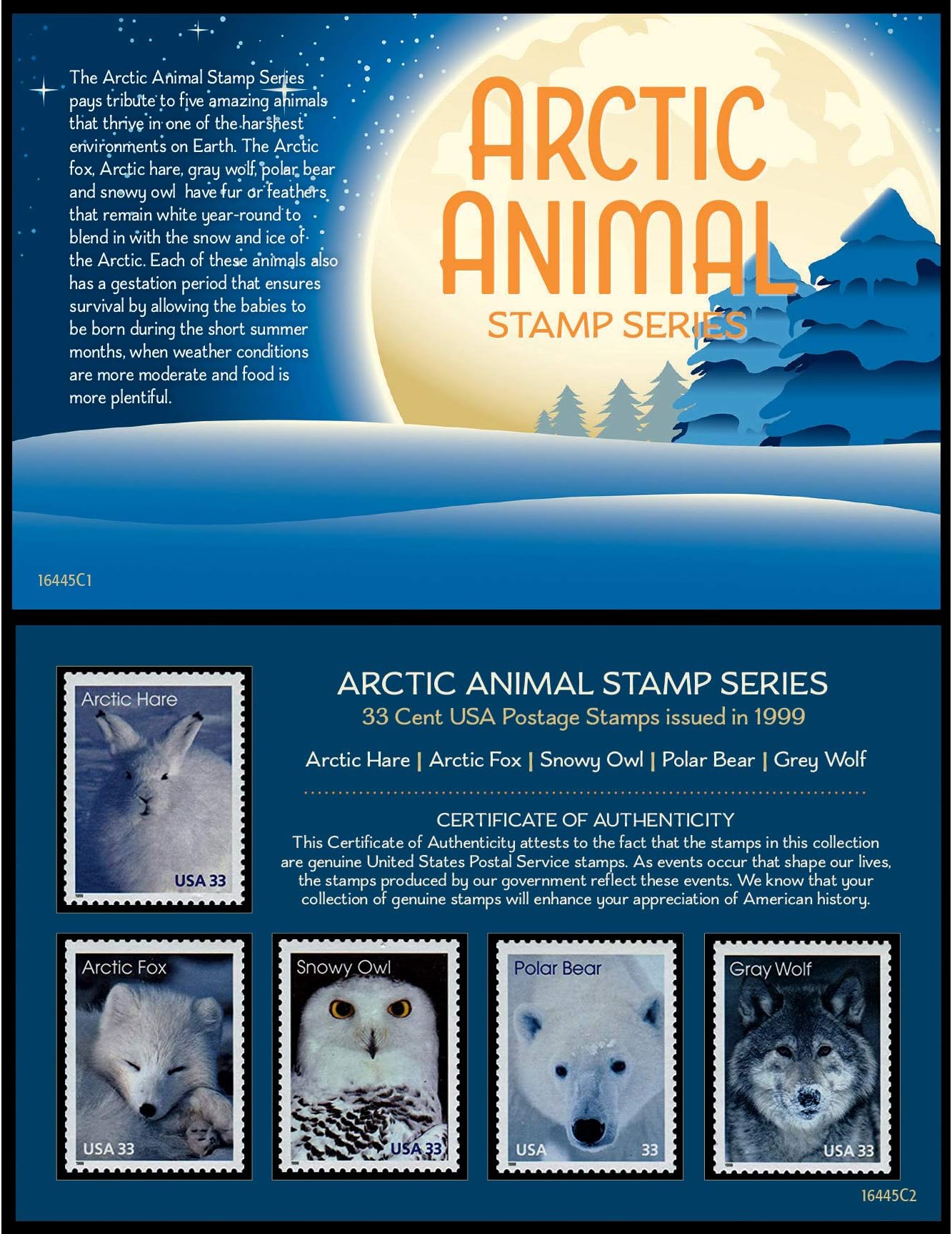 Arctic Animal United States Postage Stamp Series, 5 Mint State 33 Cent Stamps, Portfolio