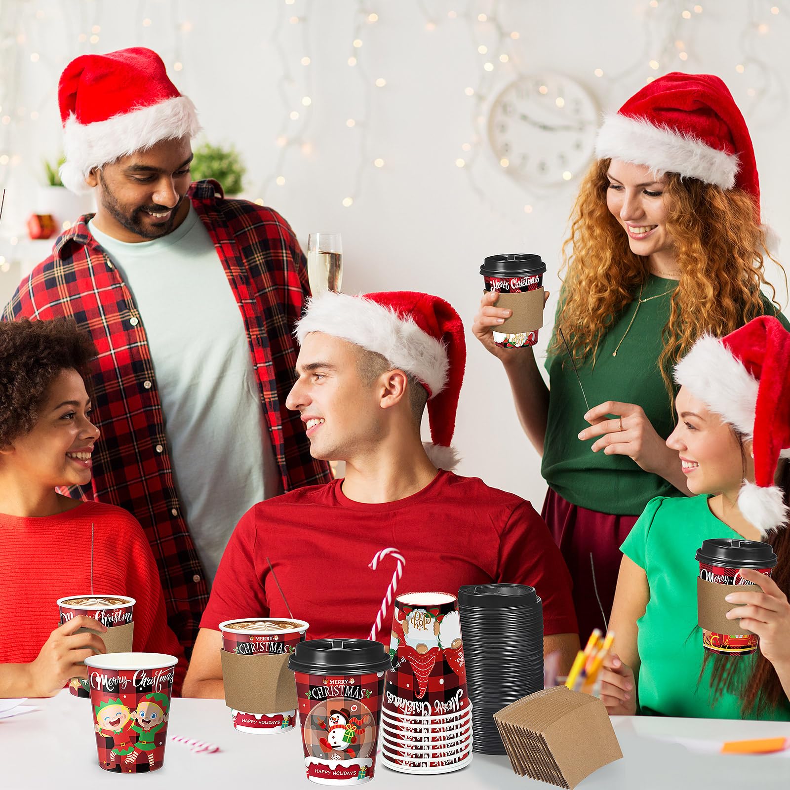 Layhit Set di 100 bicchieri da caffè natalizi in carta con coperchio, 350 ml, usa e getta, motivo albero di Natale, bicchieri per cioccolata calda, per Natale, inverno, vacanze, bicchieri per bevande