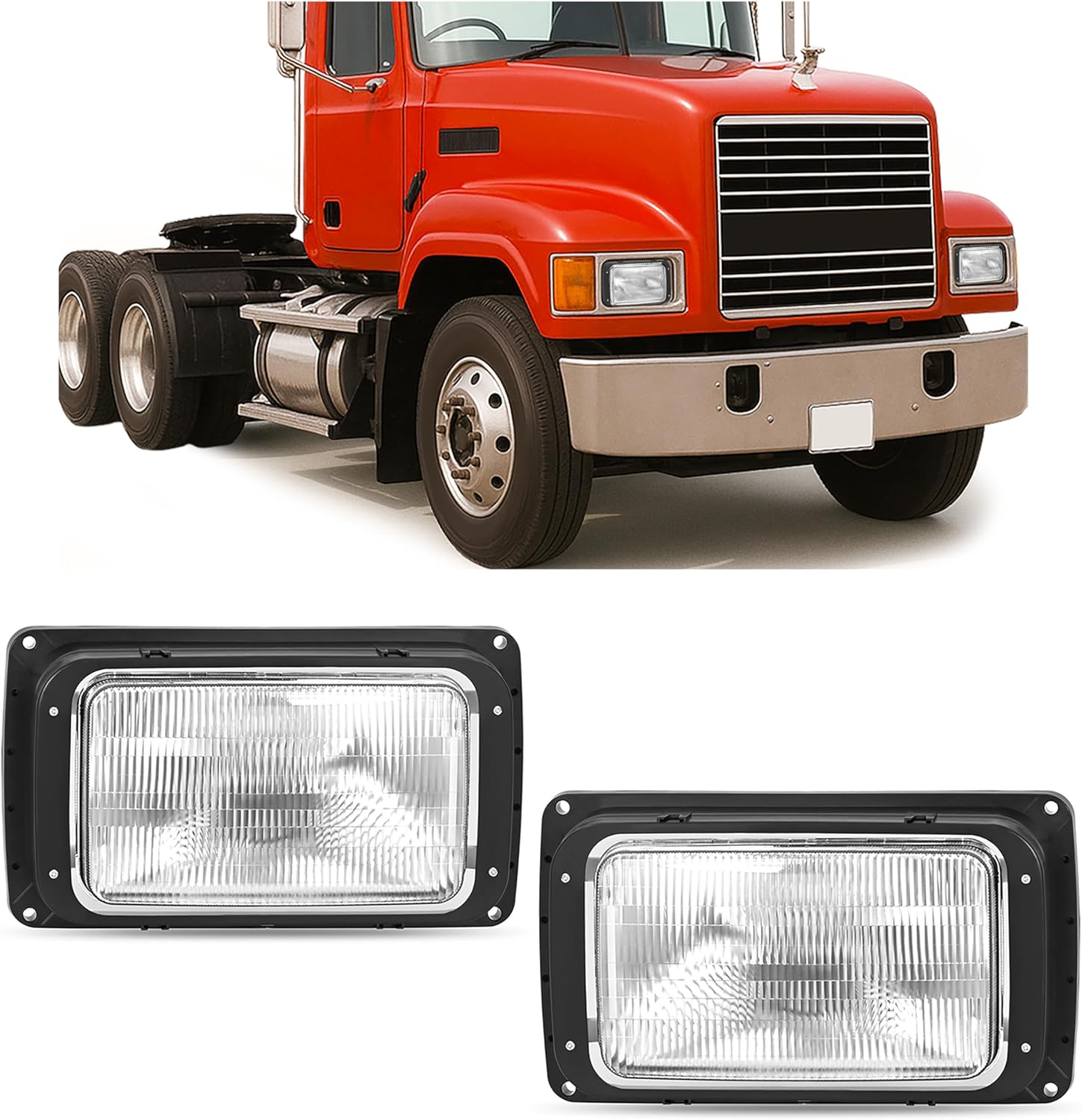 HECASA Headlight Compatible with 1990-2017 Mack CH613 SFA Hood Truck Replacement for 2M0516CM Headlamp Halogen W/Bulbs Front Light Lamp Clear Lens 2 Pcs