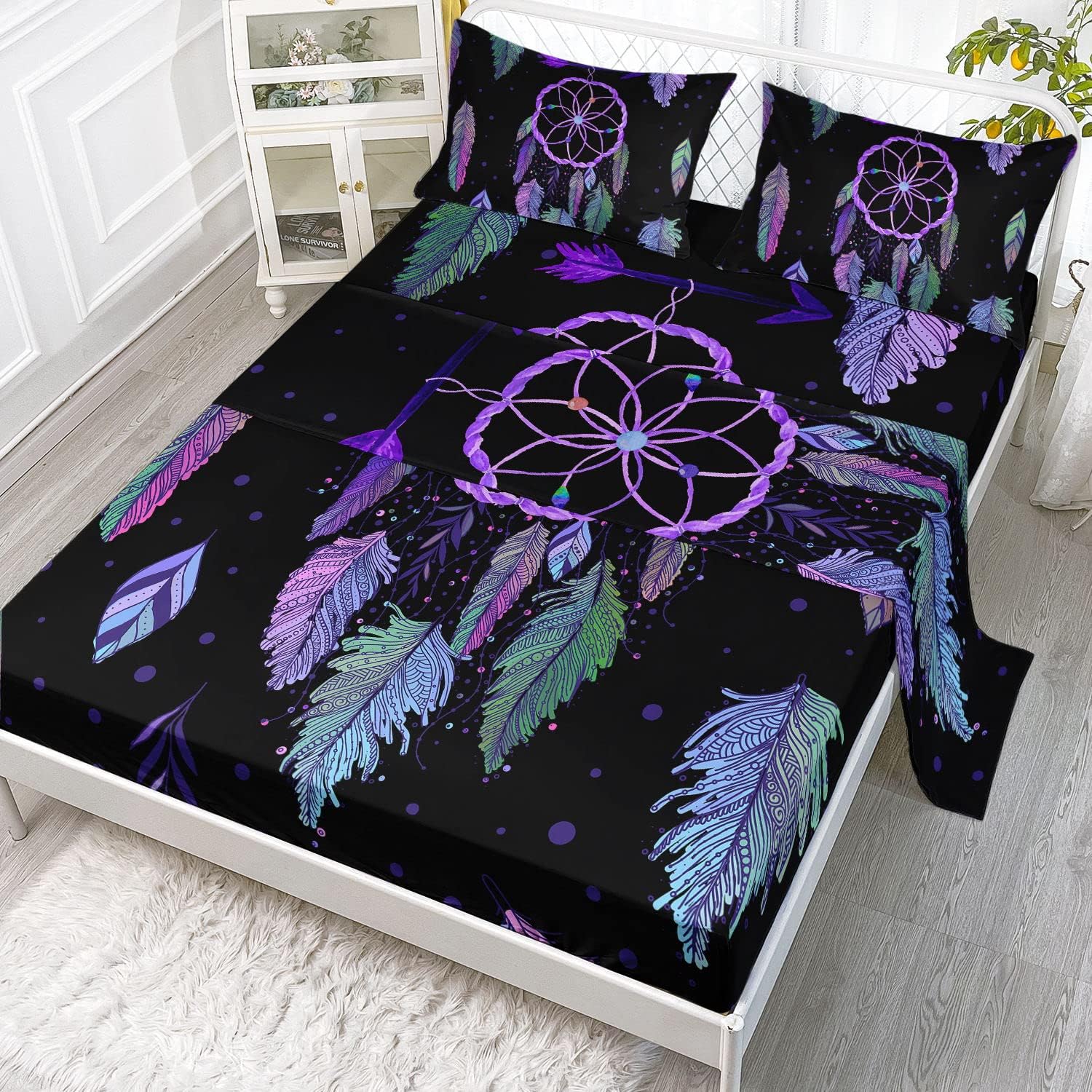 Dream Catcher Sheet Set Fitted and Flat Black Purple Printed with 1 + 2 Pillowcases (Dream Twin), Twin 67x97 inches