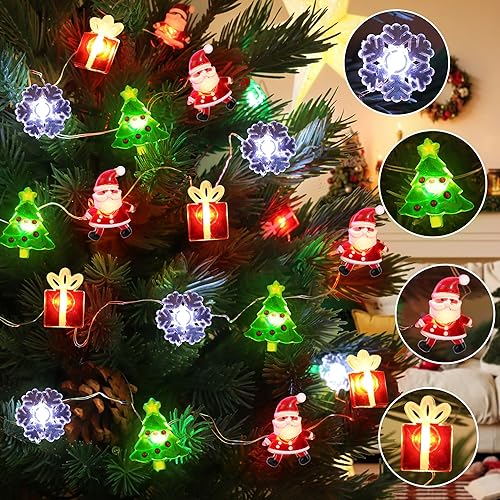 Luces de Navidad a pilas de 12 pies, 32 luces LED de copos de nieve, árbol de Navidad, caja de regalo, luces de hadas navideñas para decoración de