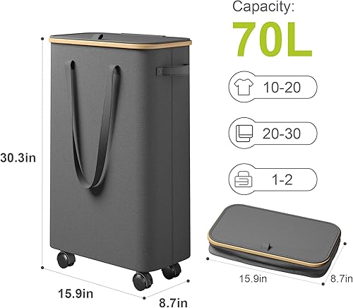 Miniatura 5 de Raybee Cesta de lavandería con ruedas, cesta de lavandería delgada con tapa, cestas altas y grandes para ropa sucia con mango de bambú en la rueda,