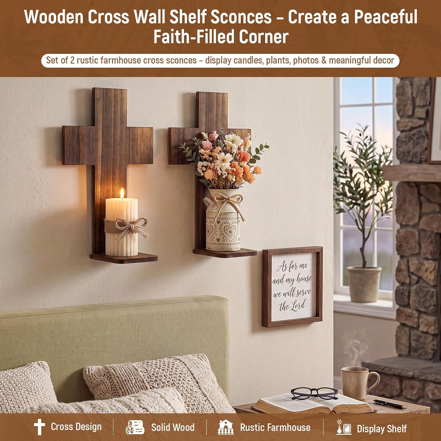 2 Pack Wooden Cross Wall Candle Sconces Farmhouse Hanging Wall Decor