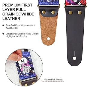 Nefelibata Guitar Strap, Nylon Print Snakeskin Guitar Straps with Head Cowhide Leather Ends for Bass, Electric & Acoustic Guitars, Free Strap Button, 1 Pair Strap Locks and 4 Guitar Picks