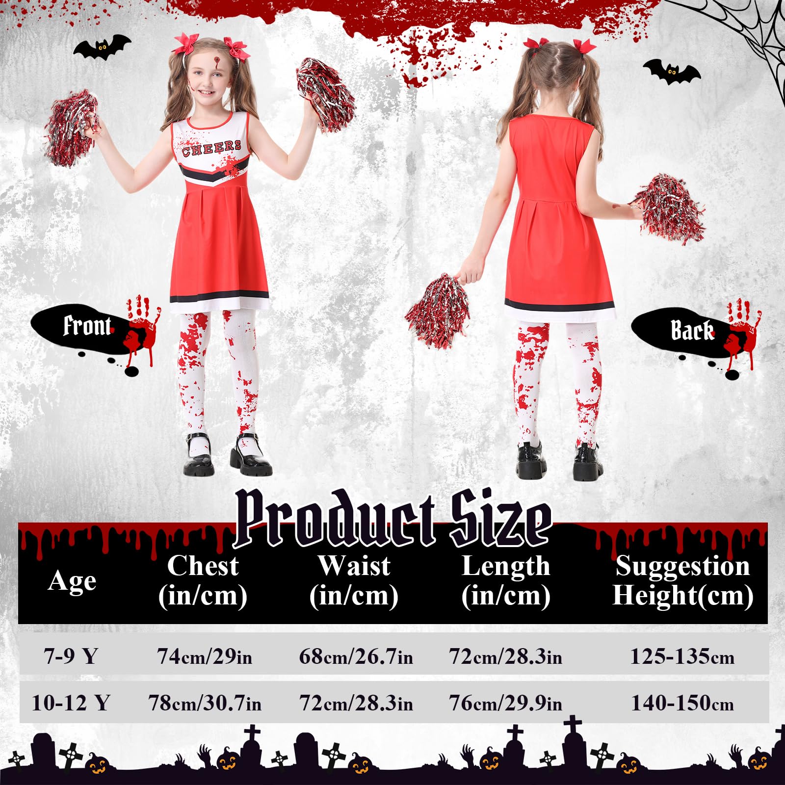 Mystery Code Vestito Halloween Bambina, Costume Zombie Cheerleader per Ragazza con Pom Poms, Calze, Tatuaggi e Capelli, Strega Costumi Halloween Diavolo Bambina Feste e Cosplay per 7-12 Anni Bambini