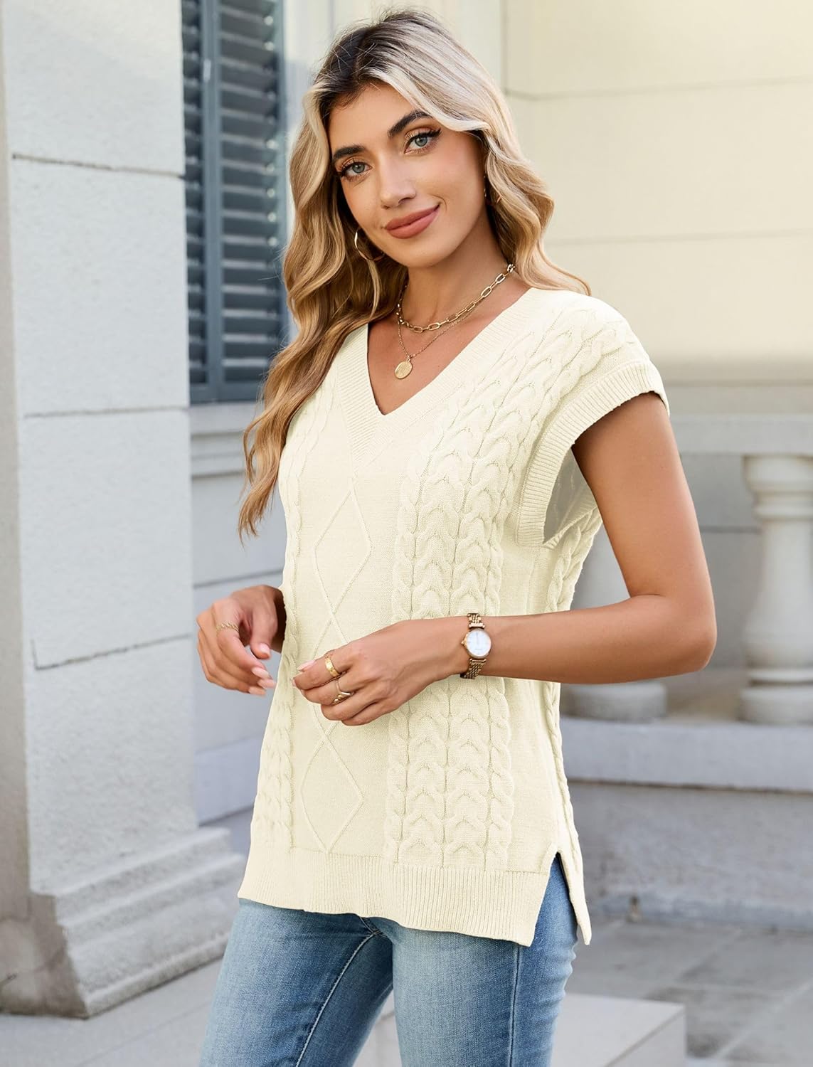 ZAFUL Womens V Neck Sweater Vest Cap Sleeve Oversized Ribbed Cable Knit Casual Loose Tank Top Pullover - Image 3