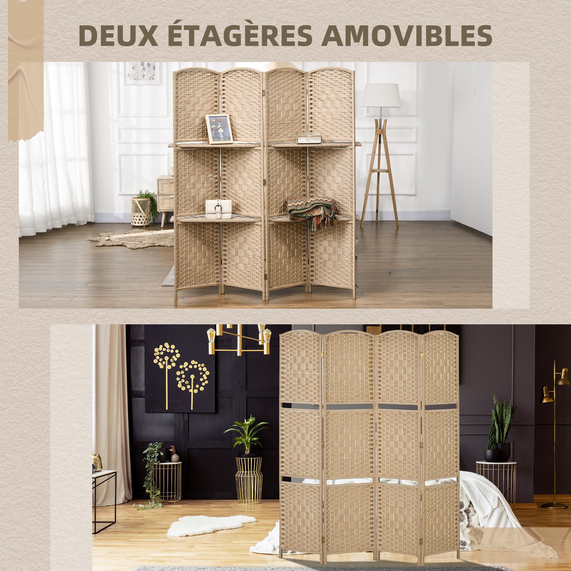HOMCOM Paravent séparateur de pièce 4 Panneaux 160 x170 cm avec 2 étagères, Pliable, en Bois pour Le Bureau, Salon, Chambre, Bois Naturel