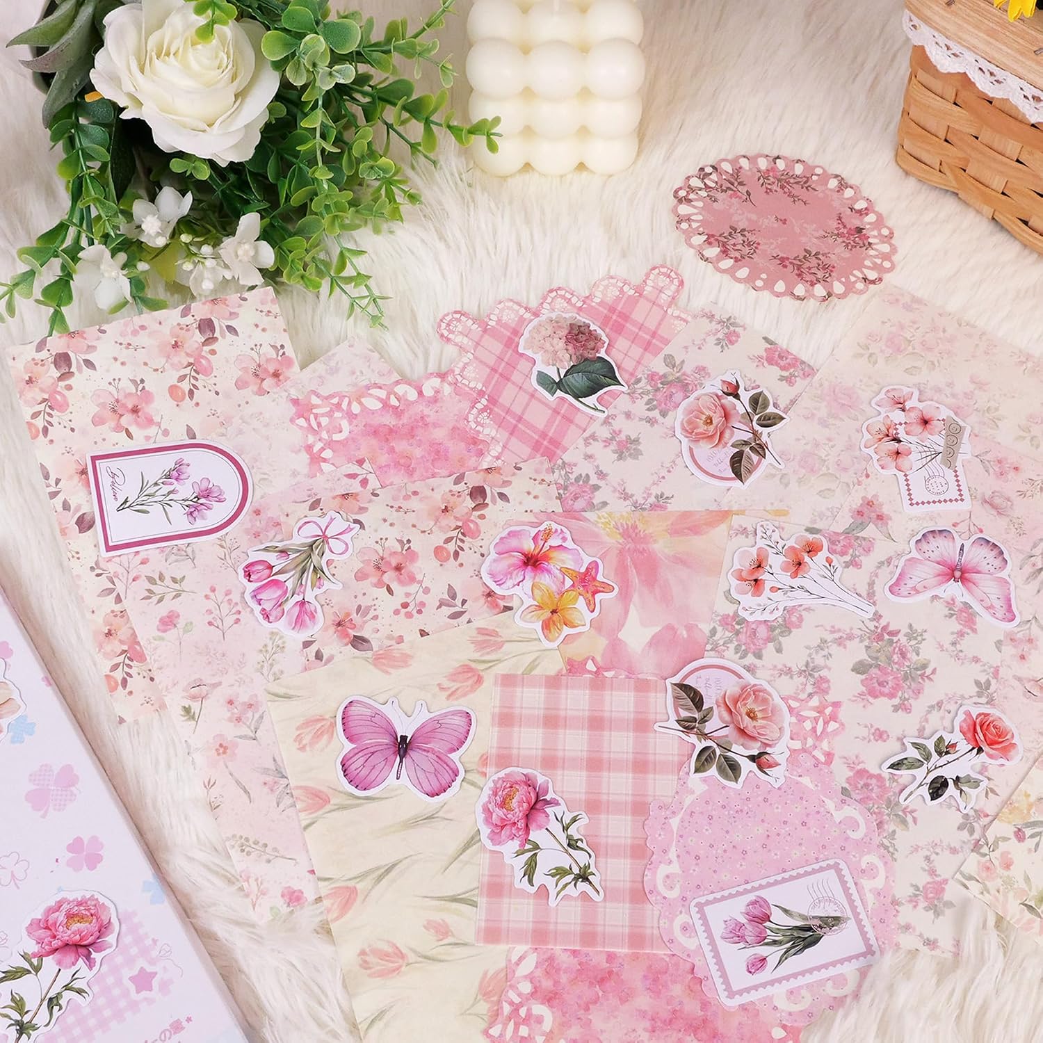 100pcs Floral Vintage Scrapbook Paper Junk Journal Paper Scrapbook Supplies Kit Small Big Decorative Pattern Art Collage Cardstock Cute Journaling Stickers Spring Scrap Book for Wedding Valentine