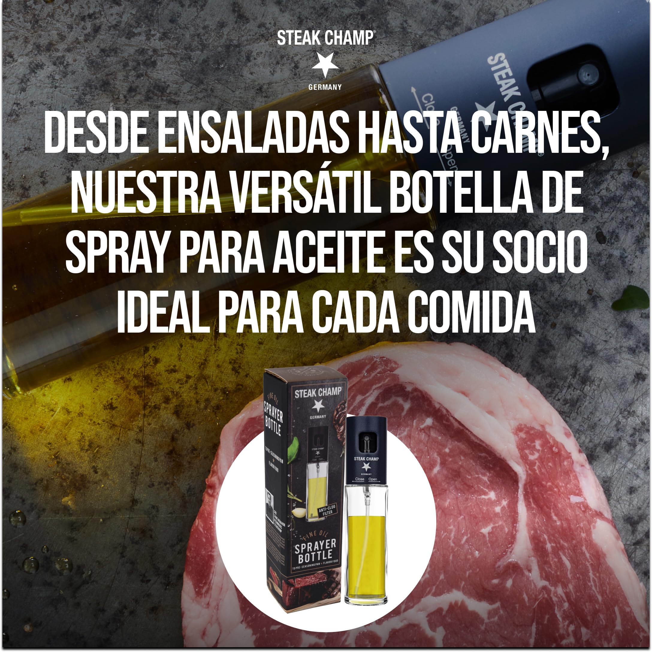 Steakchamp Botella pulverizadora de aceite, filtro antiobstrucción para aceites de temporada, dosificación precisa, vidrio claro, botella pulverizadora de aceite