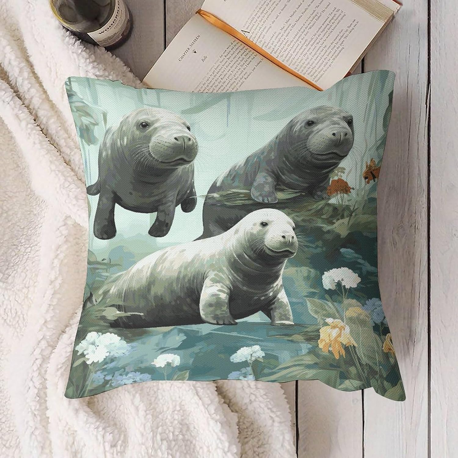 Rabbits Manatees Pillow Protectors Cute Waterproof Pillow Cover Soft Skin-Friendly Cushion Case Decorative Square Cushion Cover for Couch Sofa Bed Living Room Bedroom