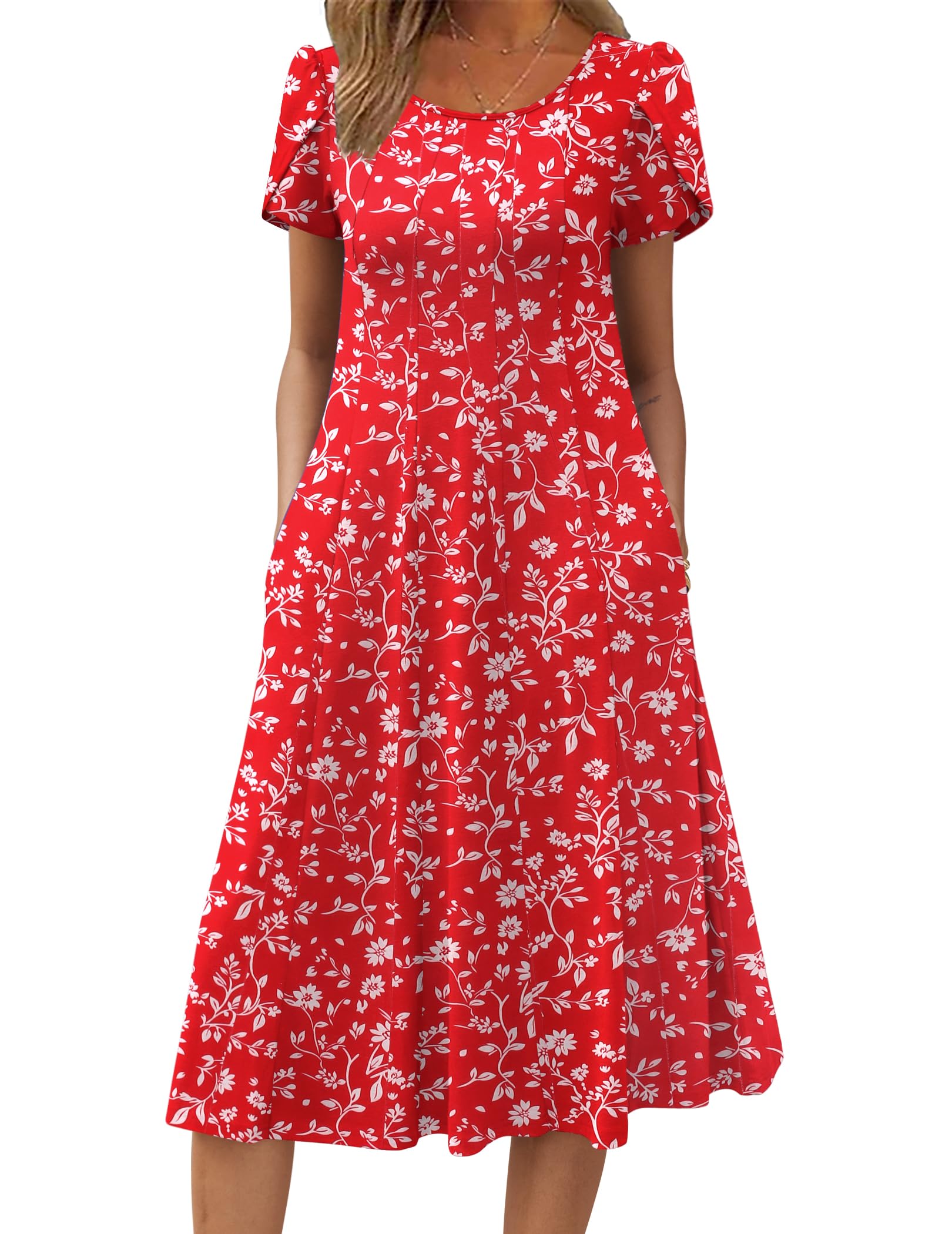 Zeagoo Robe Femme Estivale Casual Manches Courtes avec Poches A‑Line Robe Midi Légère Élégante pour Printemps Été S-XXL