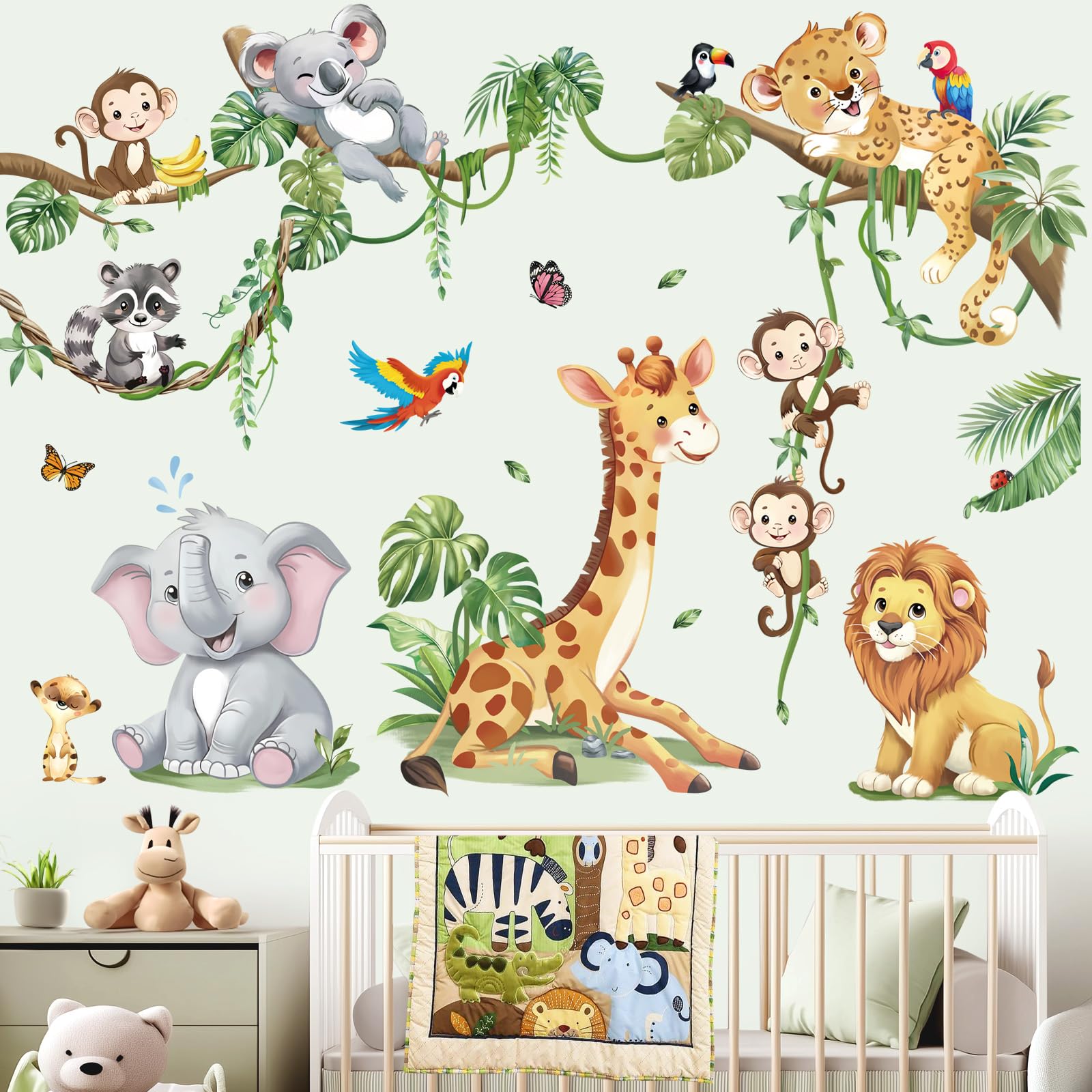 decalmile Safari Animals Tree Branch Wall Stickers Jungle Animals Giraffe Elephant Leopard Tropical Leaves Wall Decals Baby Nursery Kids Room Wall Decor - Image 2