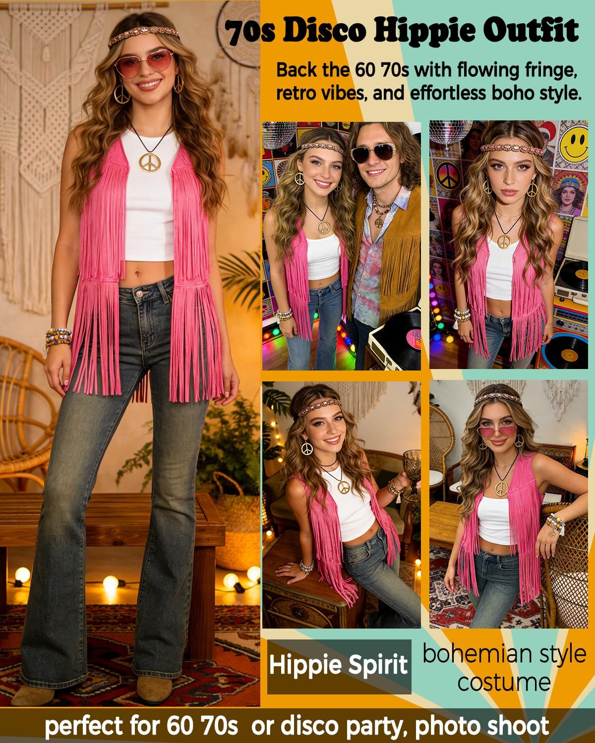 kasahara 60s 70s Outfit for Women Hippie Costume Clothes Fringe Vest with Hippie Accessories Boho Headband for Disco