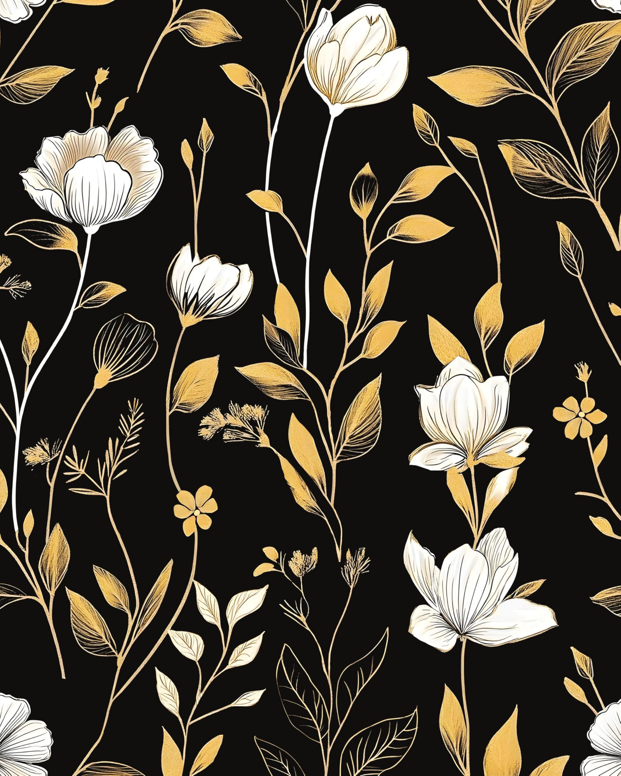 Black Gold Wallpaper Peel and Stick Dark White Floral Contact Paper Waterproof Self-Adhesive Vintage Golden Botanical Wall Paper for Bedroom Living