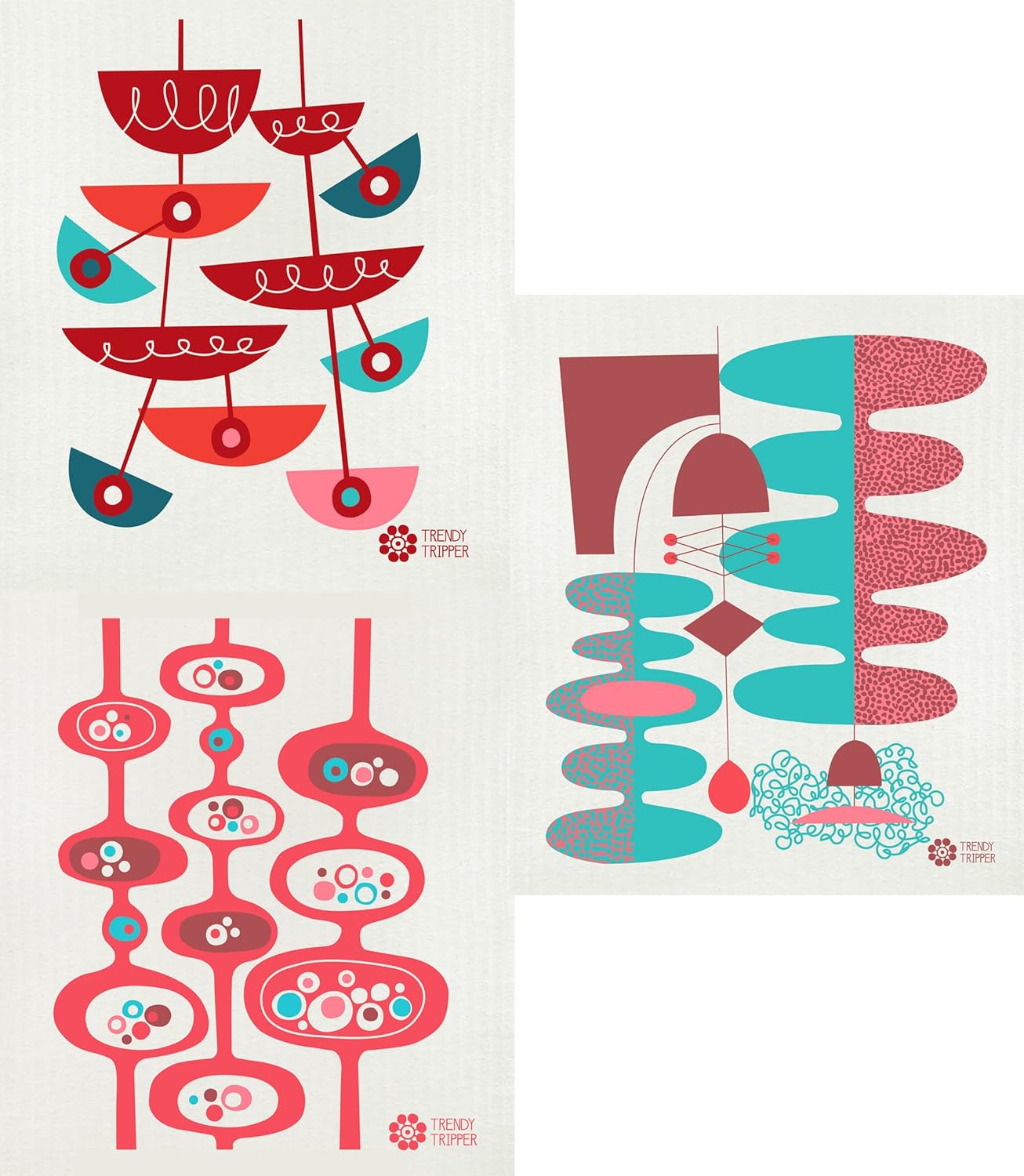 Trendy Tripper Reusable Swedish Dishcloths/Sponge Cloths, Set of 3 Mid-Century Modern Designs (Pods, Slicers + Pendants) by Jenn Ski - Assorted Colors