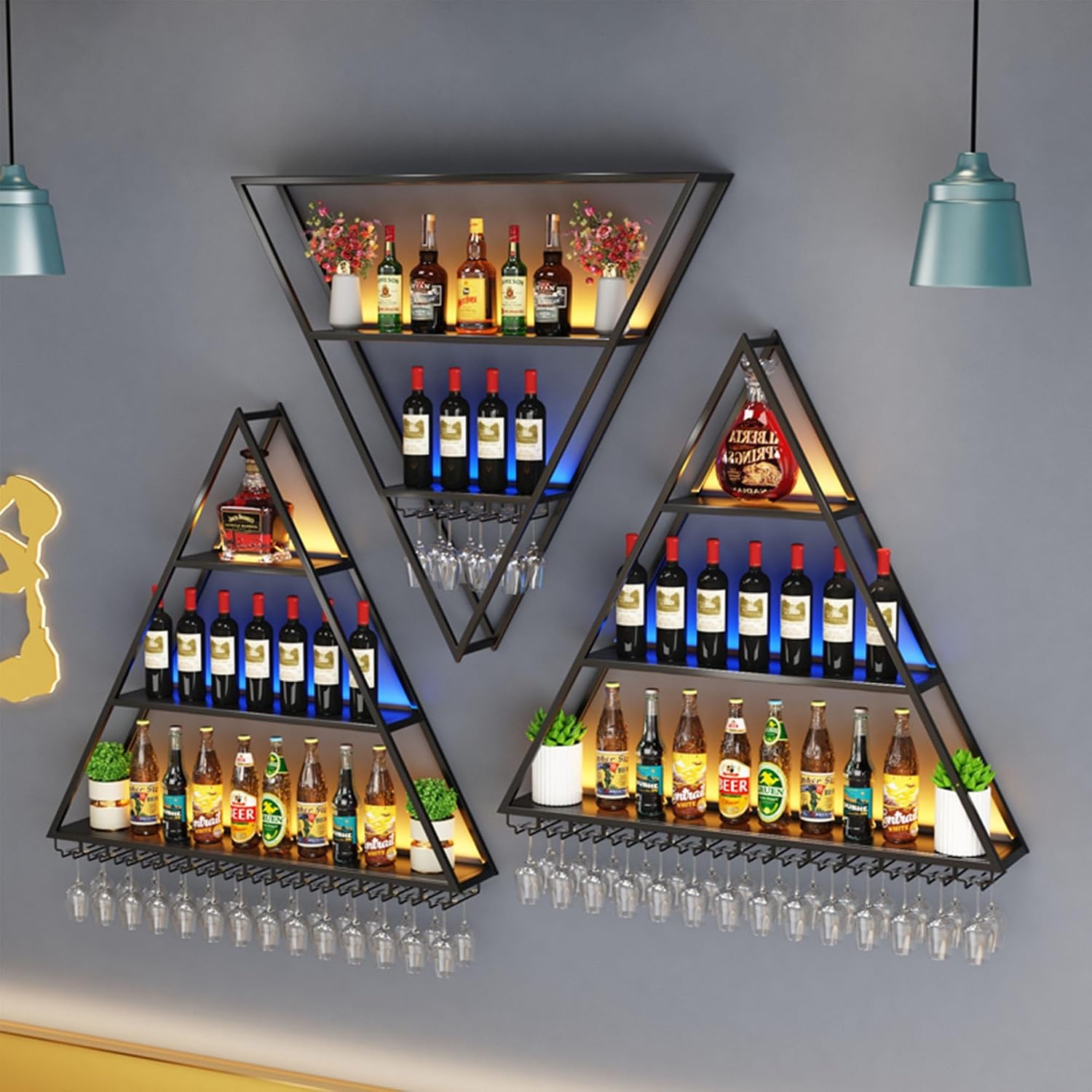 Wall Wine Rack Floating Bar Shelves Liquor Shelf Wall Mounted Racks with LED Light for Wine Bottles with Hanging Wine Glass Holder Liquor Bottle Display Shelf for Home Bar Living Room Cafe Decoration(