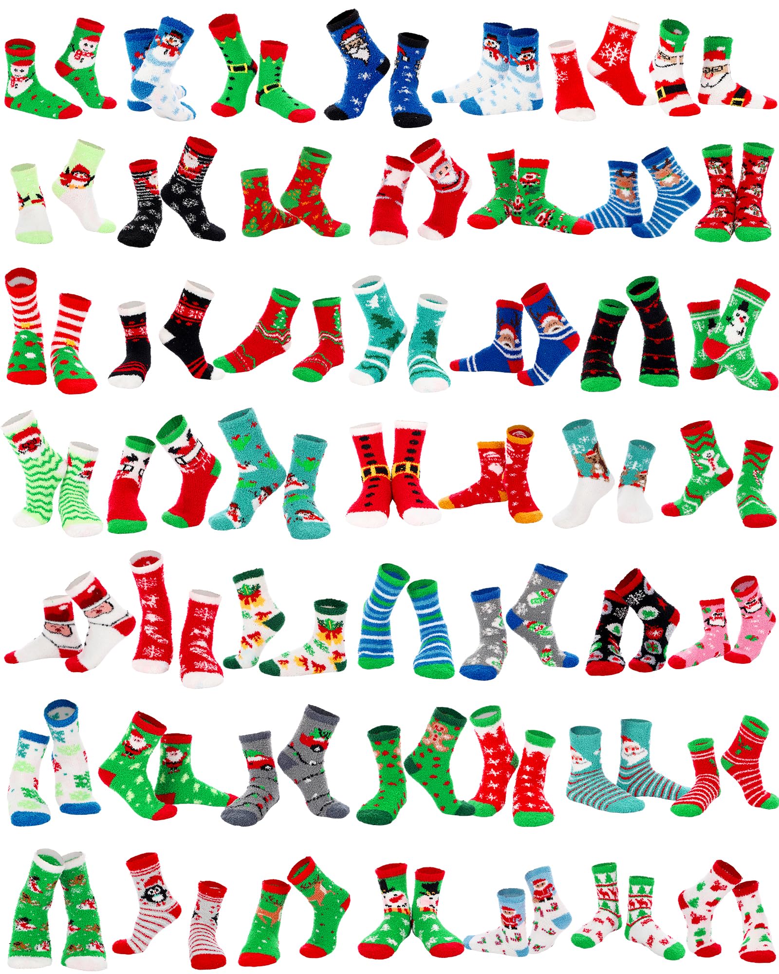Hicarer 50 pares de calcetines peludos de Navidad a granel, calcetines cálidos de invierno suaves y esponjosos para mujeres, regalos de Navidad
