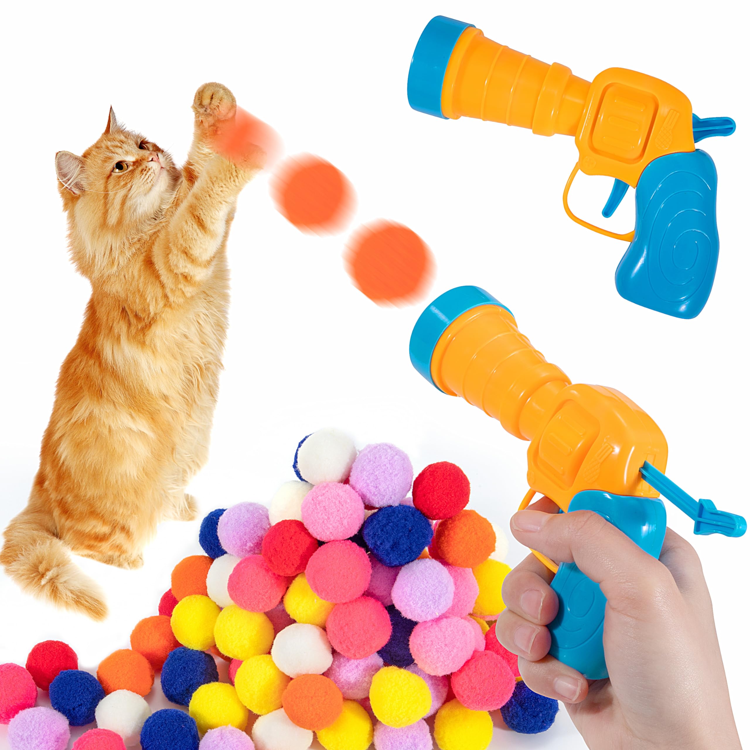 YSQEVN Lanzador de Juguetes para Gatos con 100 Bolas de Peluche, Juguete Interactivo para Gatos, Pistola de Bolas para Gatos Juguete Gato Silencio para Training Jugar
