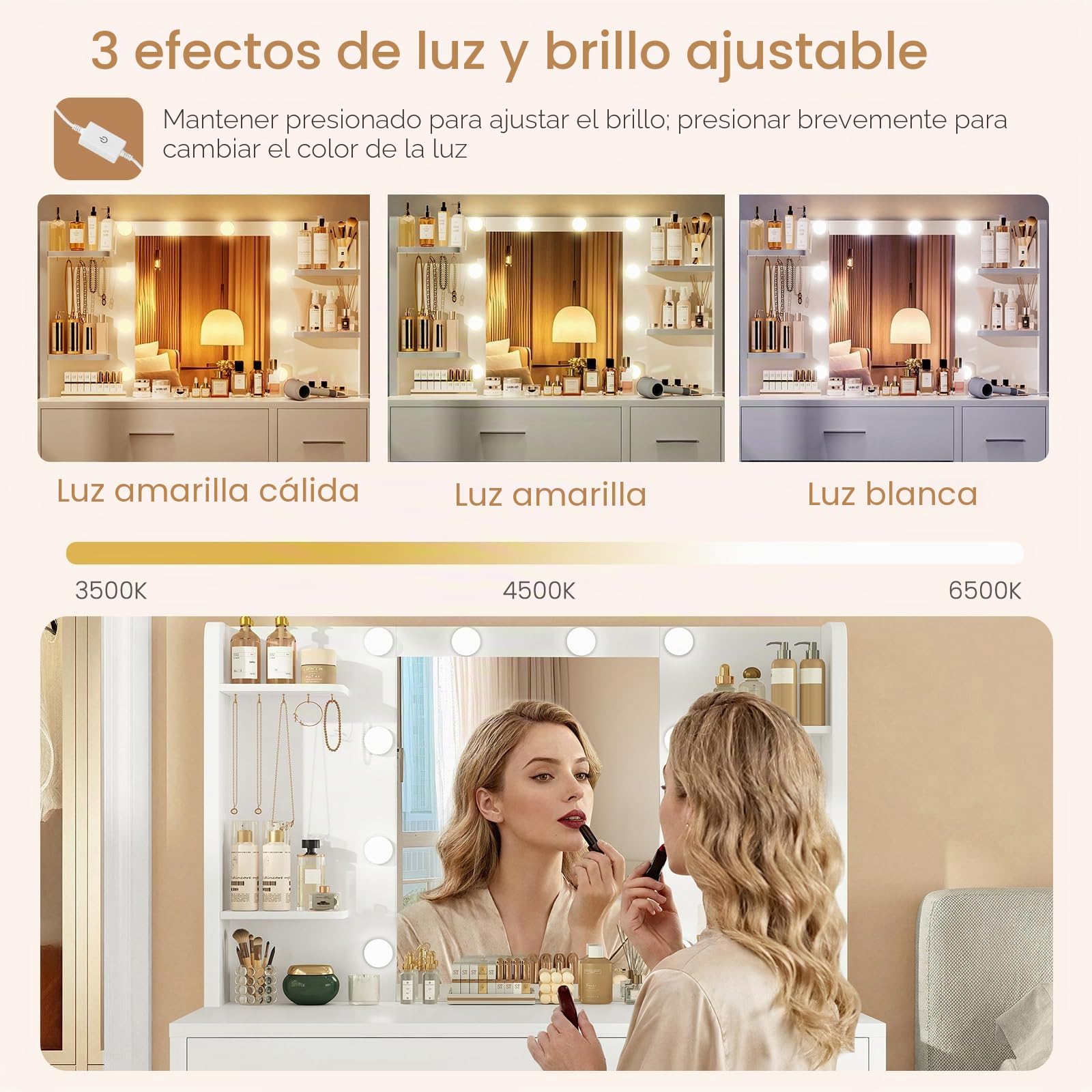 Tocador, Tocador de Maquillaje con Luces y Espejo, Mesa de Maquillaje con Toma de Corriente, Mesa de Maquillaje con 4 Cajones, 4 Estantes Abiertos, 5 Ganchos de Joyería para, Blanco