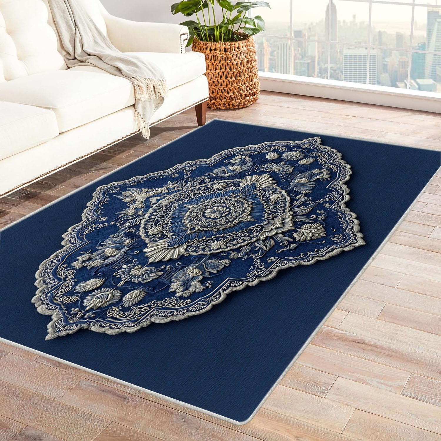 Tapis de sol grande surface bleu vintage pour salon et chambre d'enfant