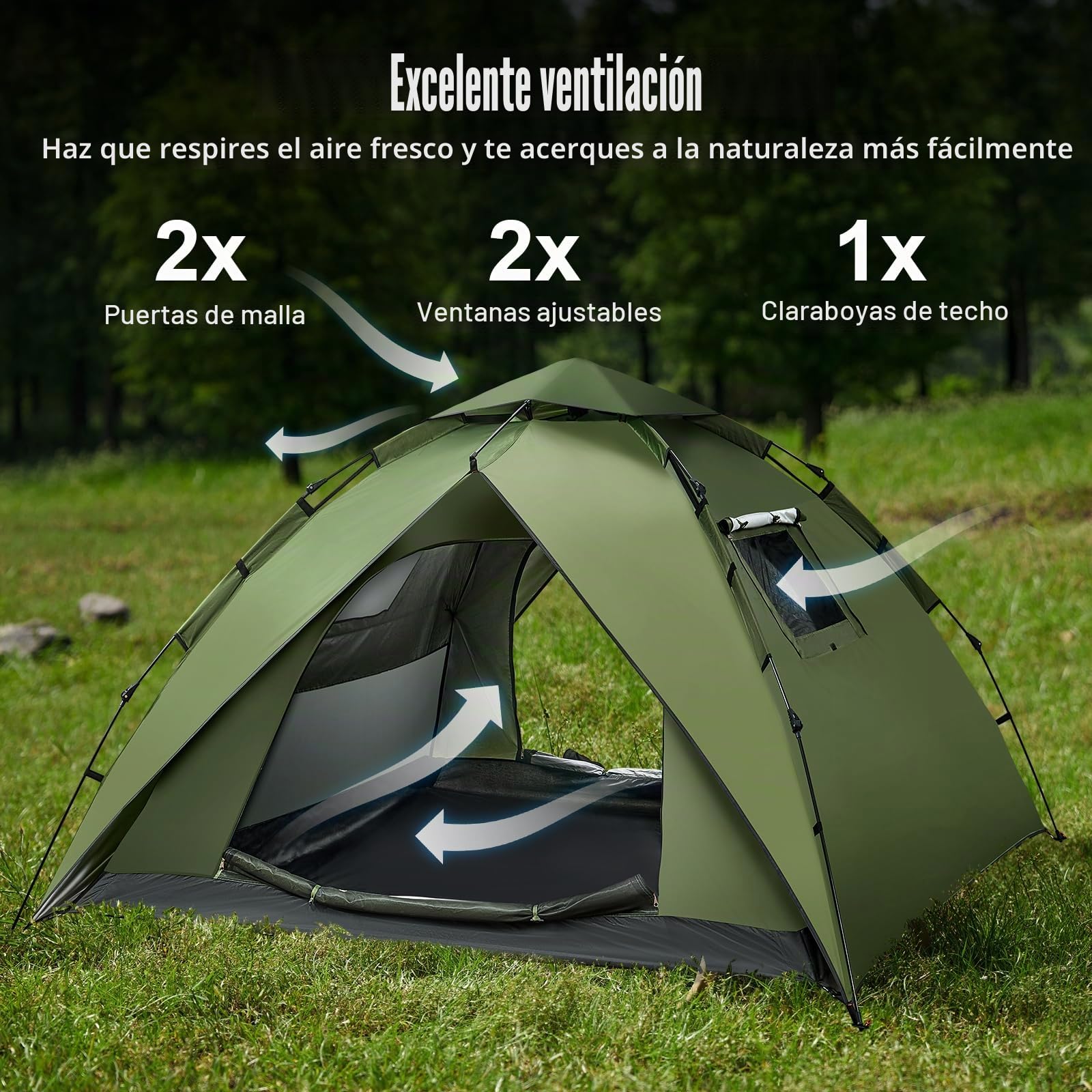 Tienda de campaña Automática para 4 Personas 230 * 230 * 150CM Pop Up Tienda instantánea para 4 Estaciones Protección UV 2 en 1 Doble Capas Tienda Campismo Plegable Familia Cúpula Carpa