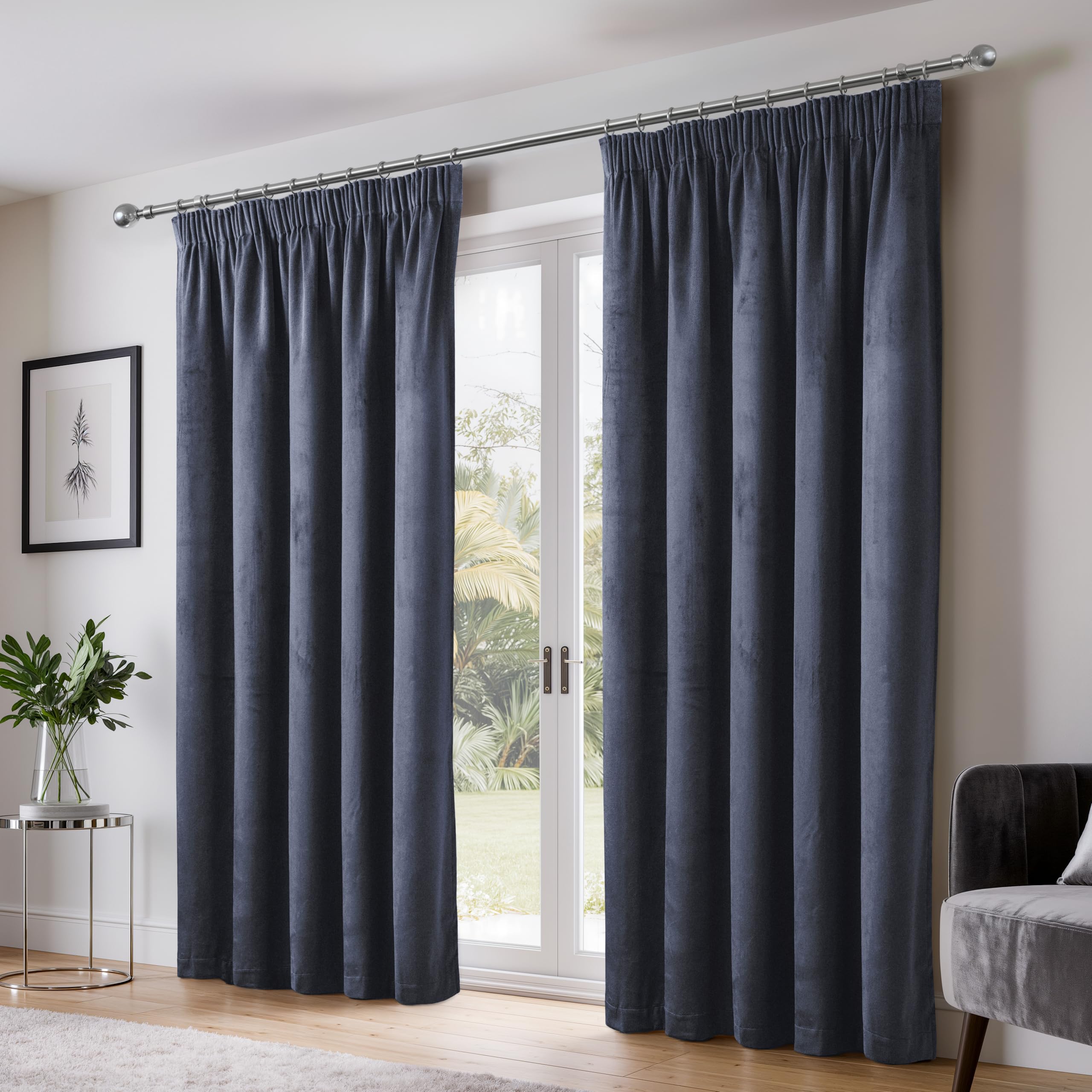Emma Barclay Dusk Velvet Blackout Pencil Pleat Curtains for Bedroom Living Room, Thermal Soft Plain Velvet Curtain Pair, 46 x 54 Inch, Dark Navy