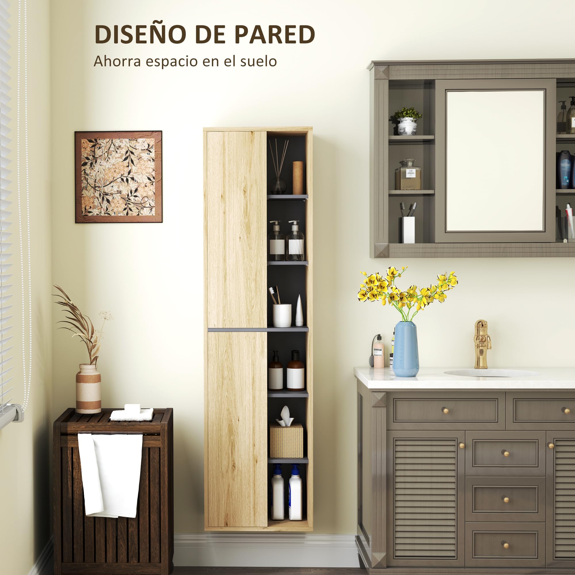 HOMCOM Columna de Baño de Pared Armario de Baño con Compartimentos Abiertos y 2 Puertas Mueble de Baño Moderno 40x24x141,5 cm Natural