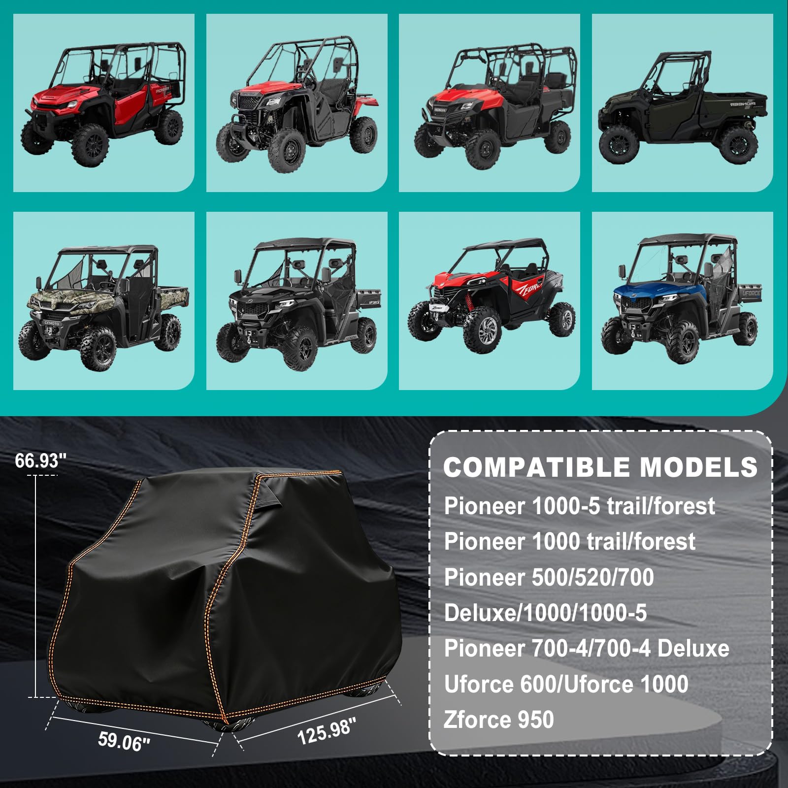 QYMOTO CFMOTO - Funda de 2 a 3 plazas, Tela Oxford de Larga duración, Mantiene Limpio, Uforce 1000, Compatible con CFMOTO UTV Uforce Zforce 500 600 800 950 1000, Accesorios de 126 x 59 x 67 Pulgadas | Almacenamiento exterior con protección UV para CFMOTO