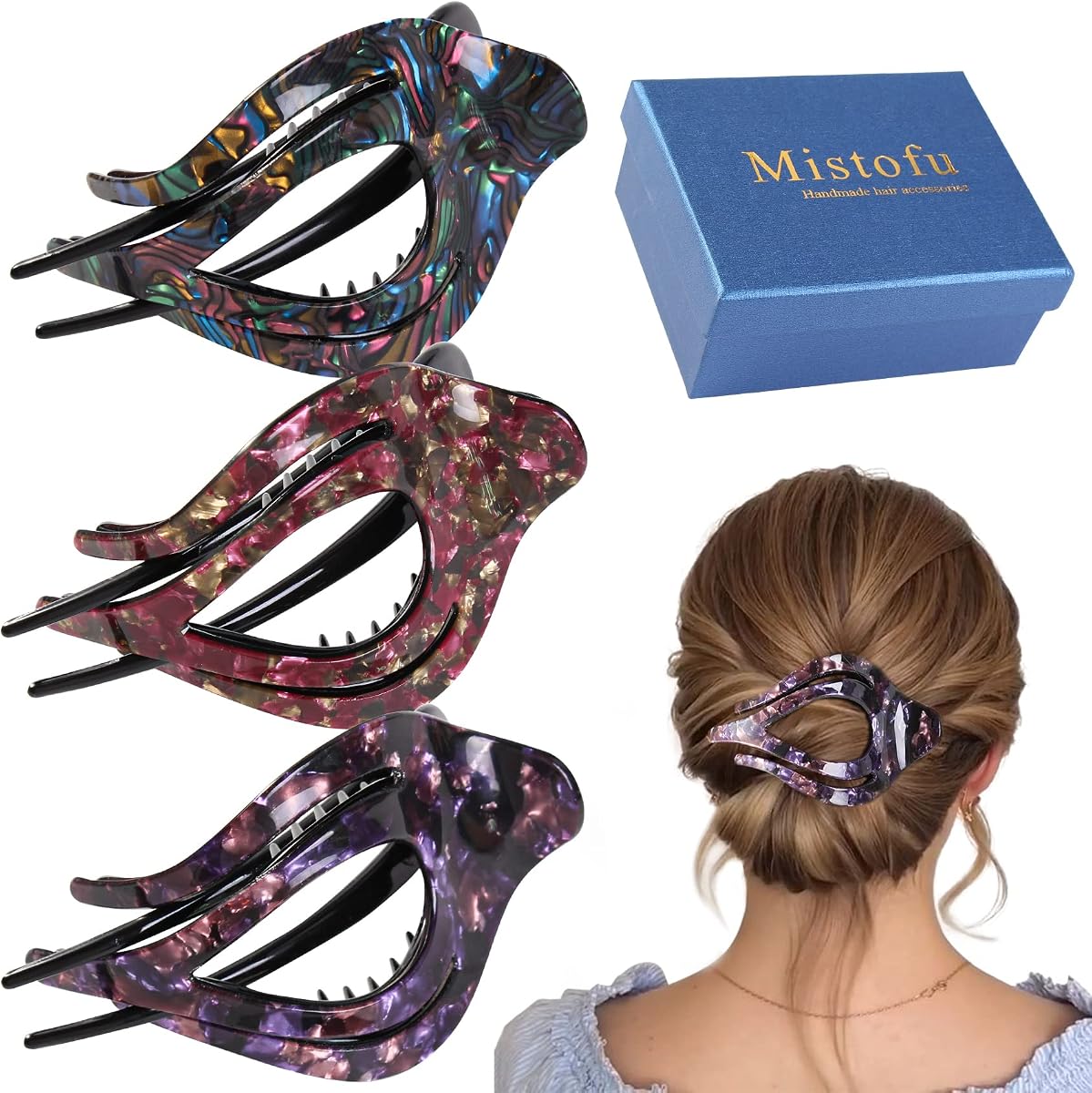 3Pcs French Concord Women's Hair Claw Clips - Curved Strong Hold No Slip Grip Large Clips for Thick or Thin Hair (multicolor A)