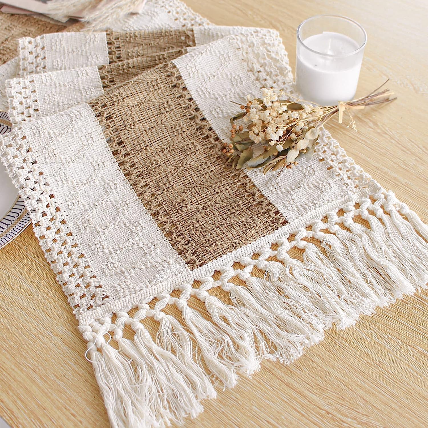 Boho Crochet Table Runner With Tassels & 2 Placemats Set - 12x48" Farmhouse Decor (Cream/Brown)