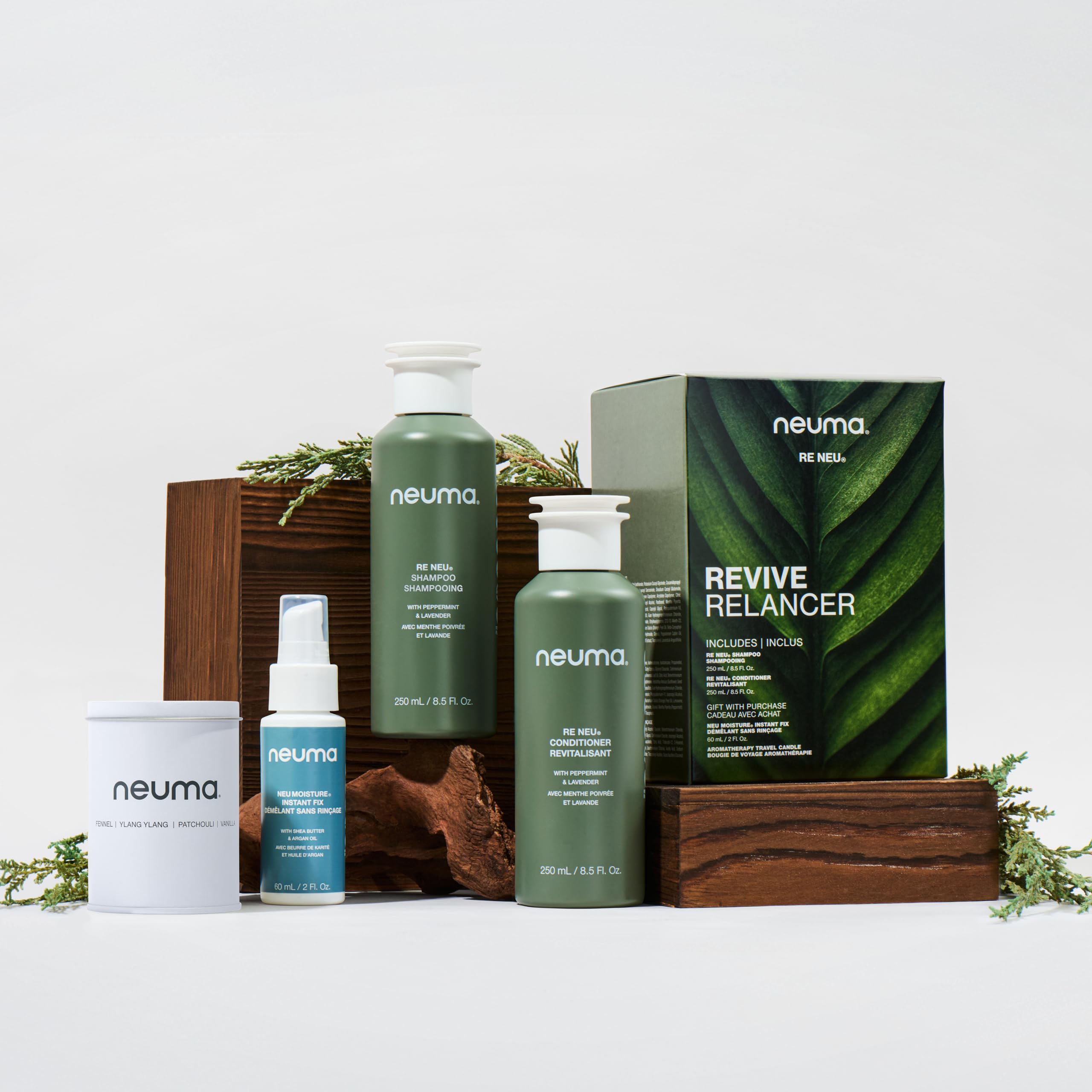 NEUMA Glow Strong. Glow Bright. Revive Gift Set. Re Neu 8.5 Fl Oz. Shampoo and Conditioner + Neu Moisture 2 Fl. Oz. Instant Fix + Aroma Therapy Travel Candle