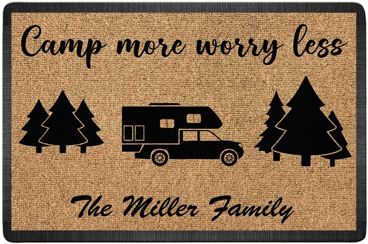 Personalized Happy Campers Doormat - Custom Family Name and Rv Camping Door Mat, Accessories for Inside Outside, Campsite Decor Travel Trailers, Decorative Gift Welcome Motorhome Rugs, 16 x 24 inches