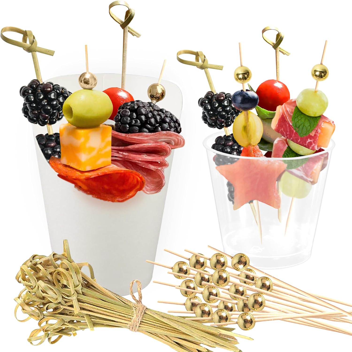 50 pack of each 4.7 oz Plastic Dessert + 14 ounce White Paper Charcuterie Cups + 400-pcs Cocktail Picks (2 Types) Bundle