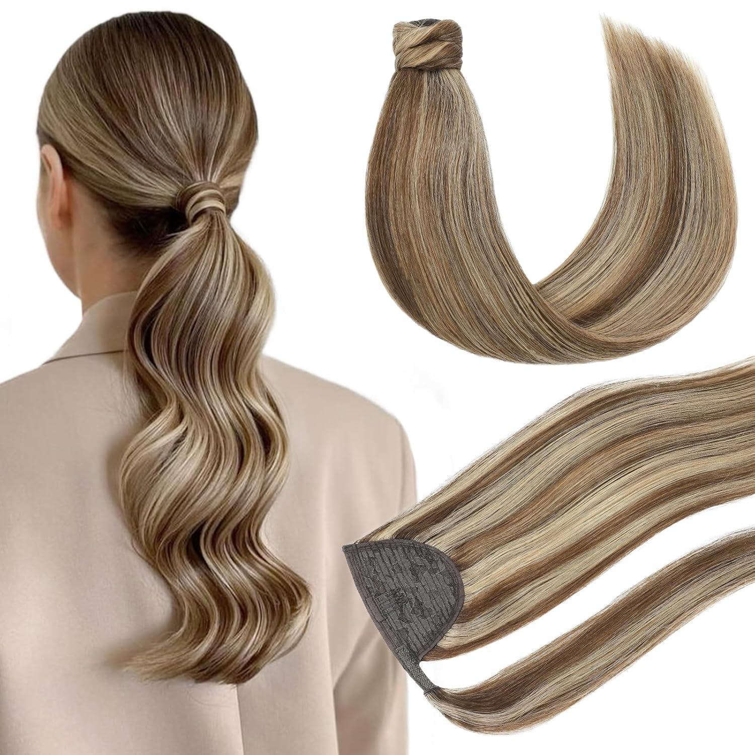 Youngsmile Piano Ponytail Extension Human Hair 65g 16inch,Color #4P27 Chocolate Brown Highlighted with Caramel Blonde Ponytail Hair Extensions Hair Pieces, 14Inch 65 Gram (PT#4P27-16Inch)