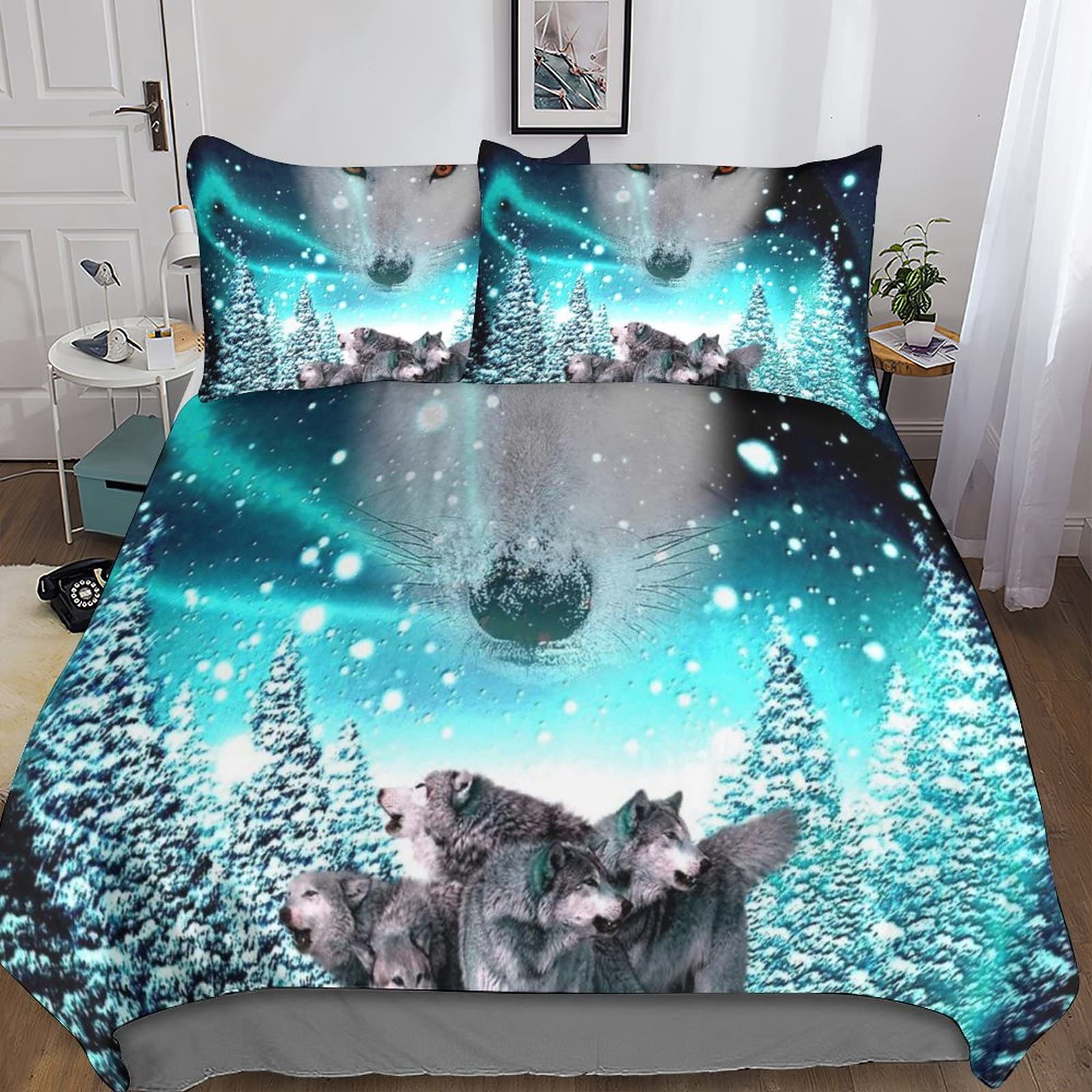 Housse de couette loup 220x240 avec taies d'oreiller lit enfant ado