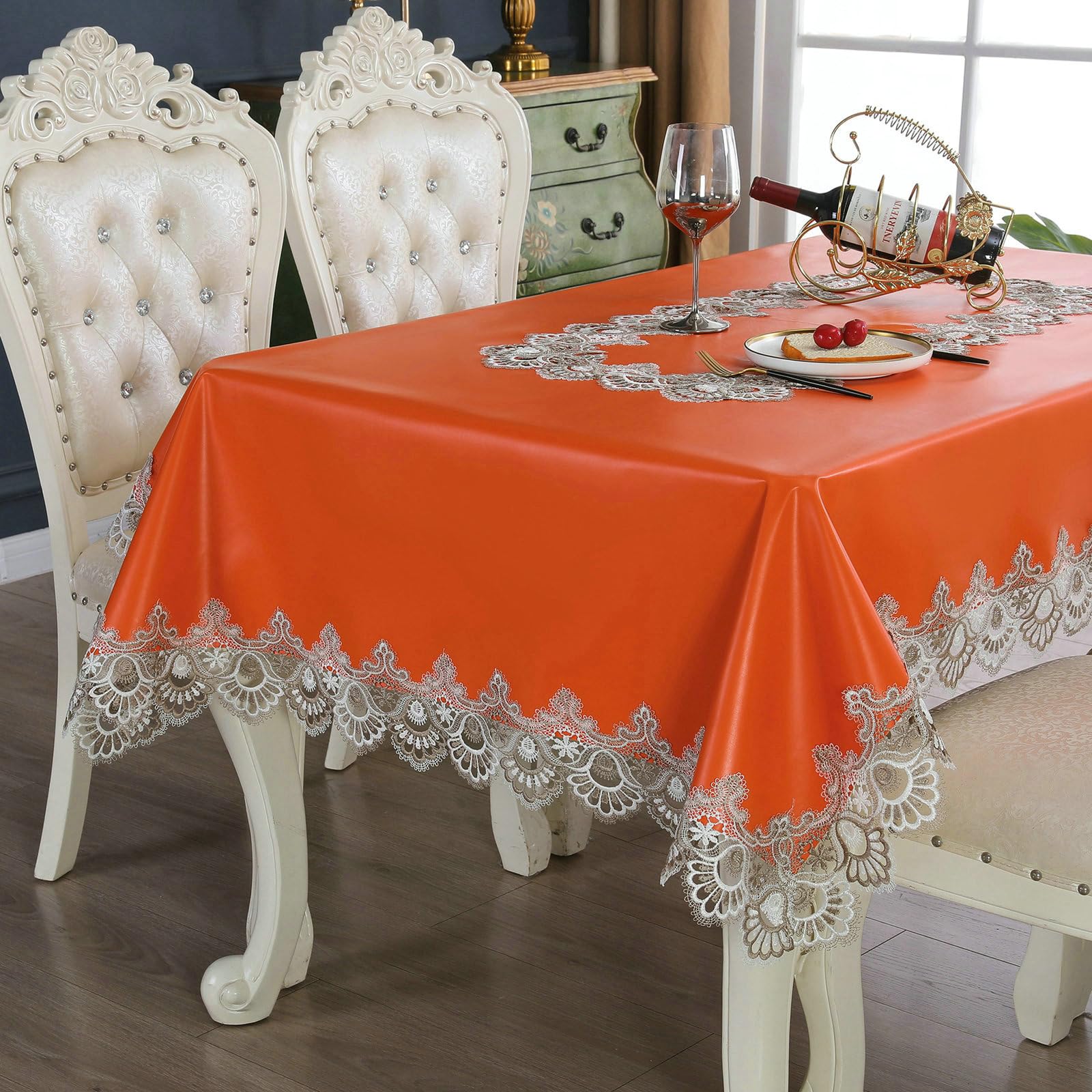 Tischdecke Abwaschbar 150x270 cm, Spitze Stickerei Polyester Leder