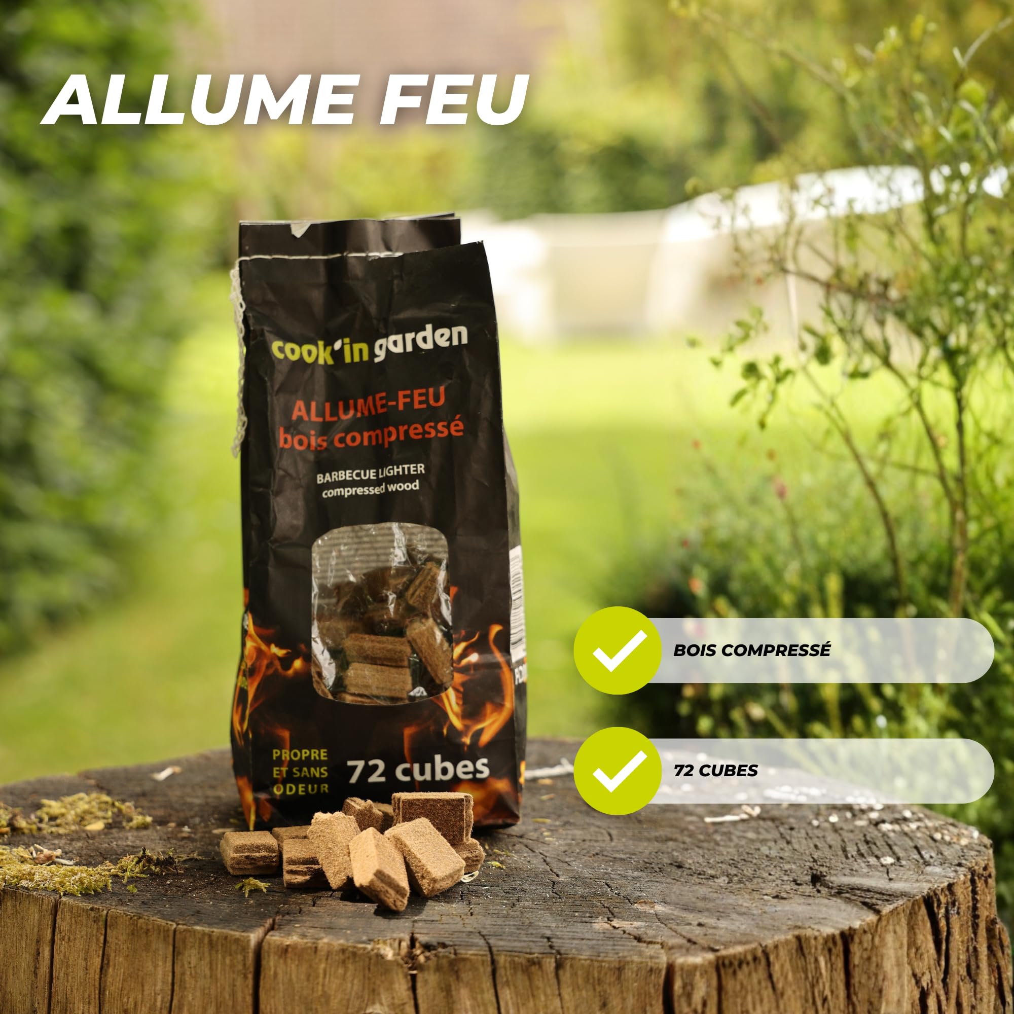 Cook’in Garden Allume-Feu Bois Compressé 72 Cubes 100% Naturels pour Barbecue Cheminée Brasero