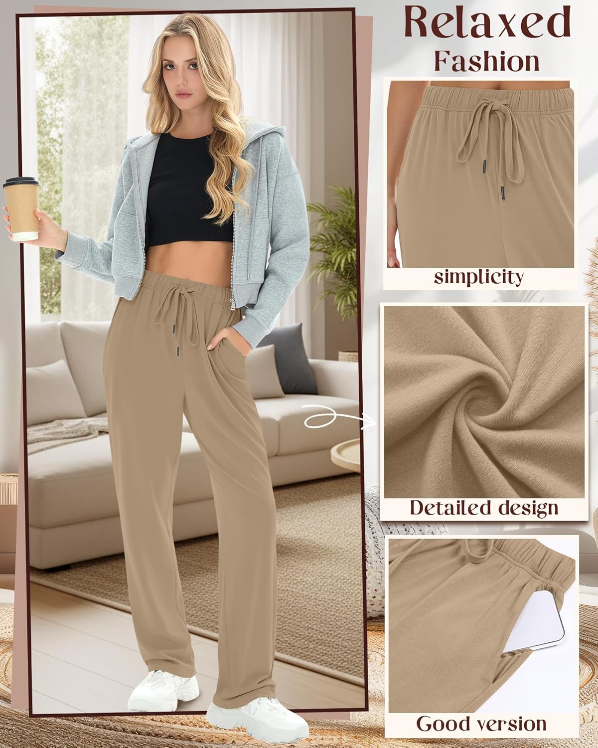 4 Pack Women's Wide Leg Yoga Pants Drawstring Casual Lounge Pants Comfy Loose Cozy Sweatpants with Pockets(Black, Brown, Khaki, Cream,X-Large) - Image 5