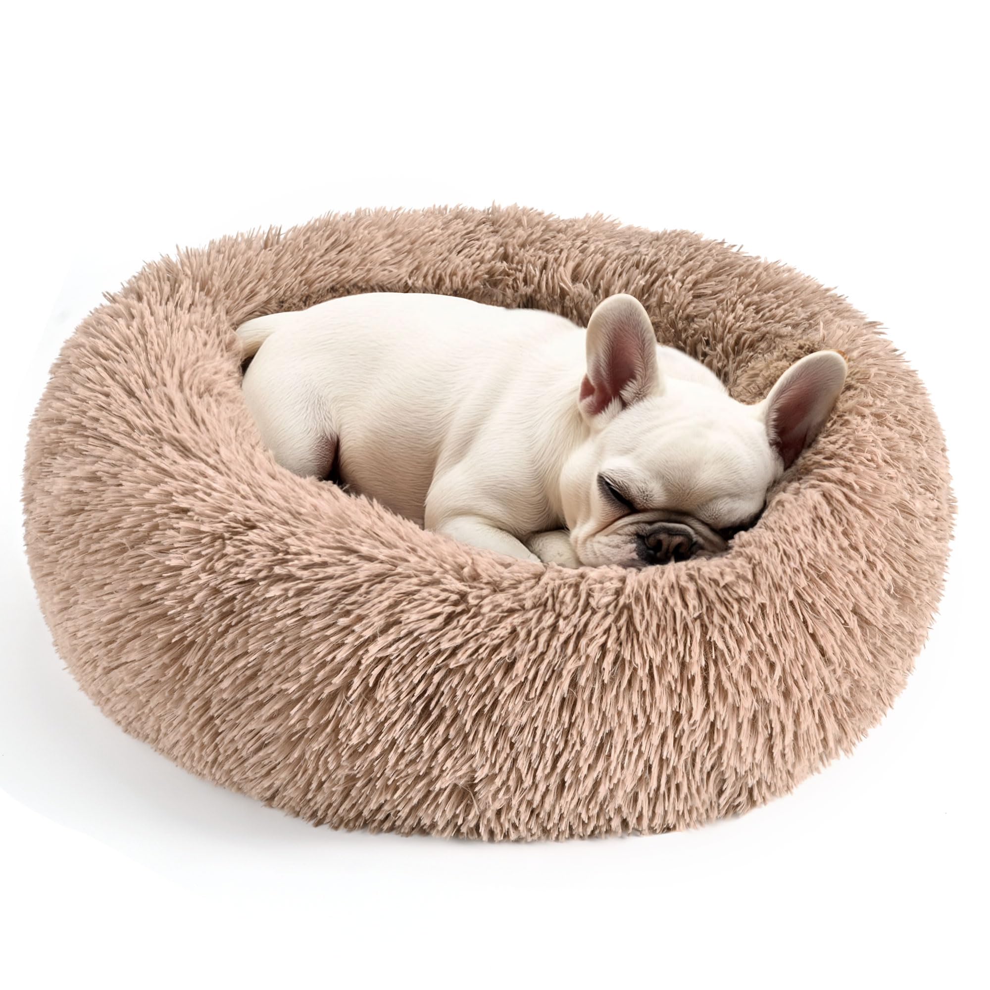Hoewina Dog & Cat Bed, 20in Cat Beds for Indoor Cats, Calming Donut Bed for Puppy and Kitten, Washable Round Fluffy Pet Bed for Small Medium Dogs and Cats (Camel)