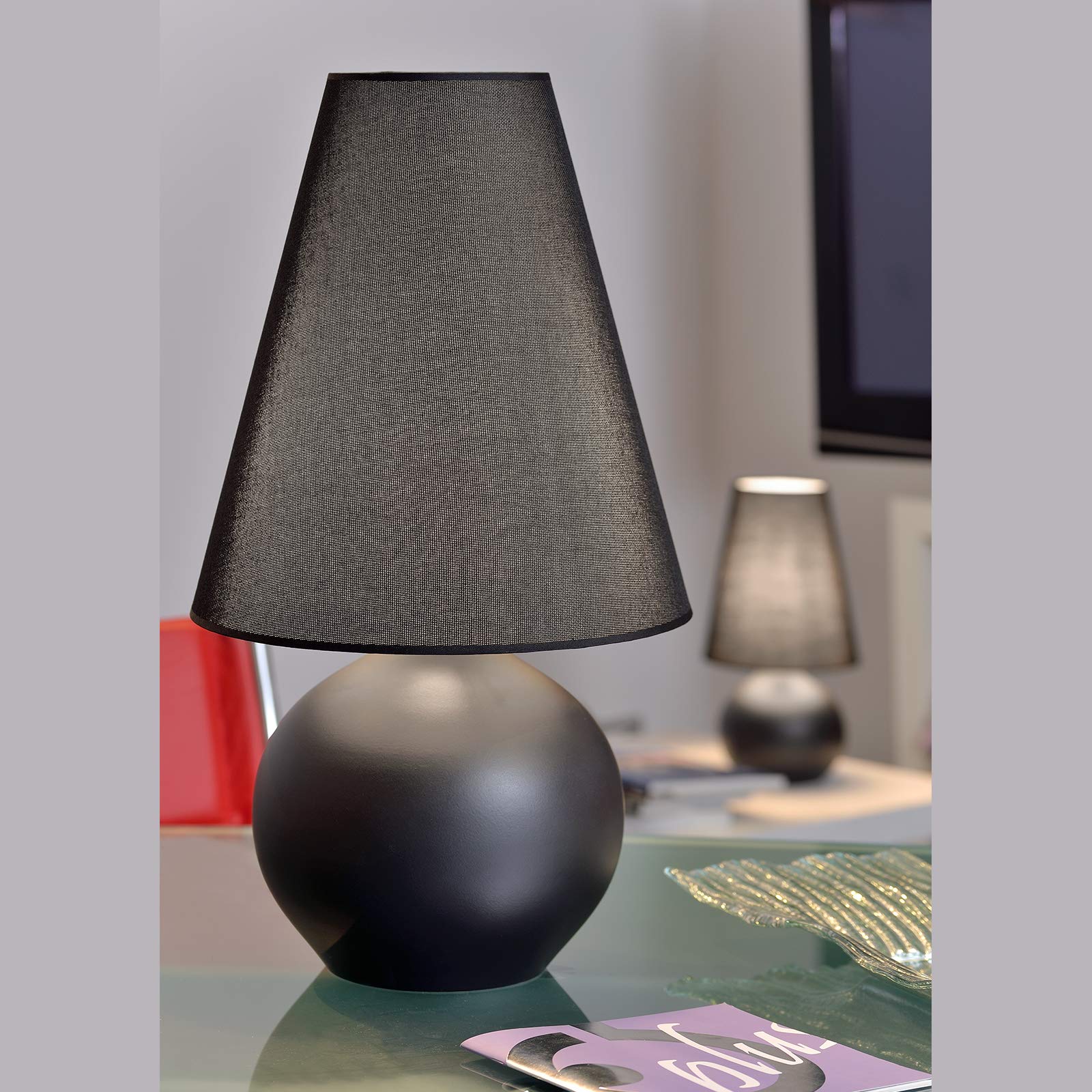 ONLI Lampada da Tavolo Colore Nero con Base in Ceramica e Paralume Cono in Tessuto