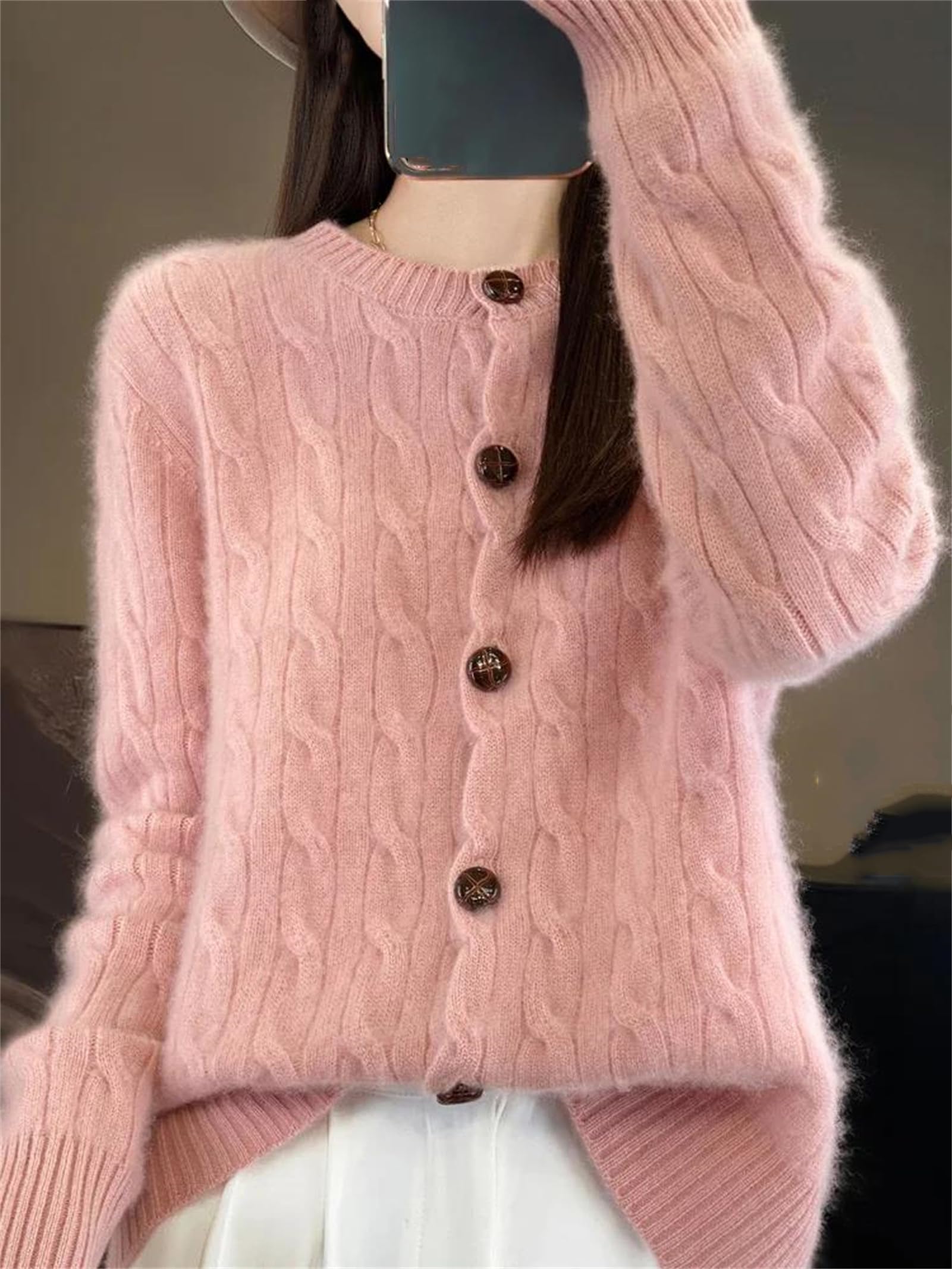 Cardigan da donna in 100% cashmere, a maniche lunghe, alla moda, casual, a maglia grossa, per capispalla