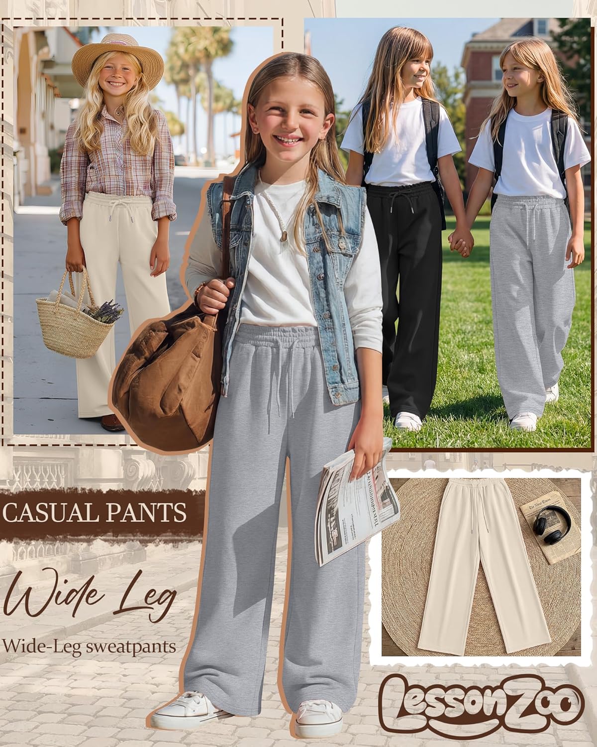 3 Pack Girls' Sweatpants Straight Wide Leg Kids Drawstring Casual Joggers Teen Loose Athletic Pants with Pockets