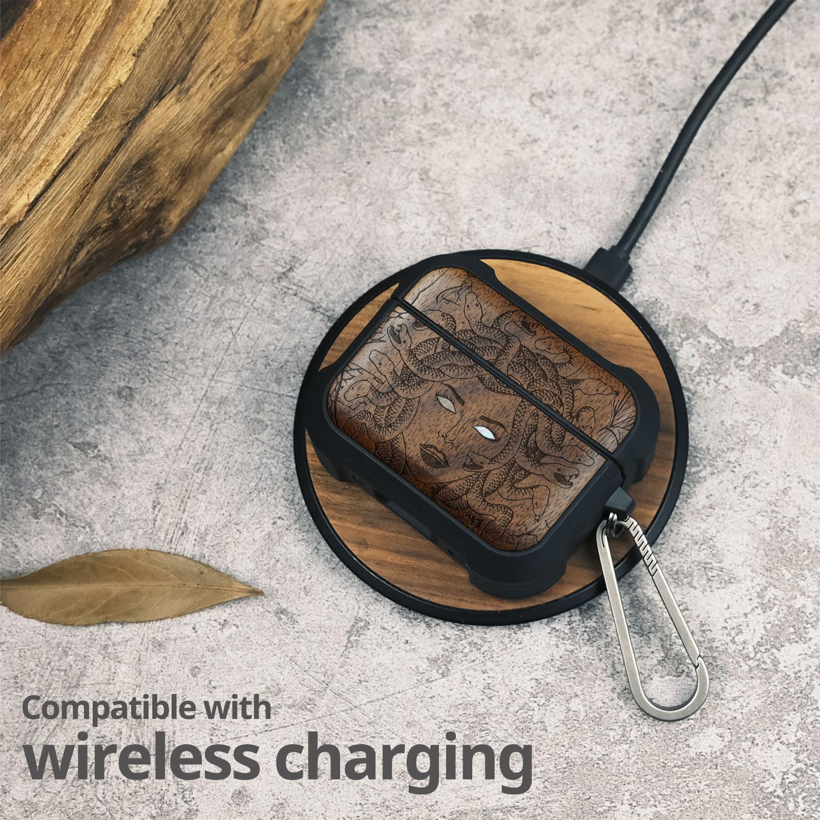 Carveit Etui kompatybilne z AirPods Pro 3 (2025), etui ochronne [grawerunek z drewna i muszla] [tytanowe szybkie zapięcie] do Airpods Pro 3 Skin 2025 etui (zagadka z drewna orzechowego)