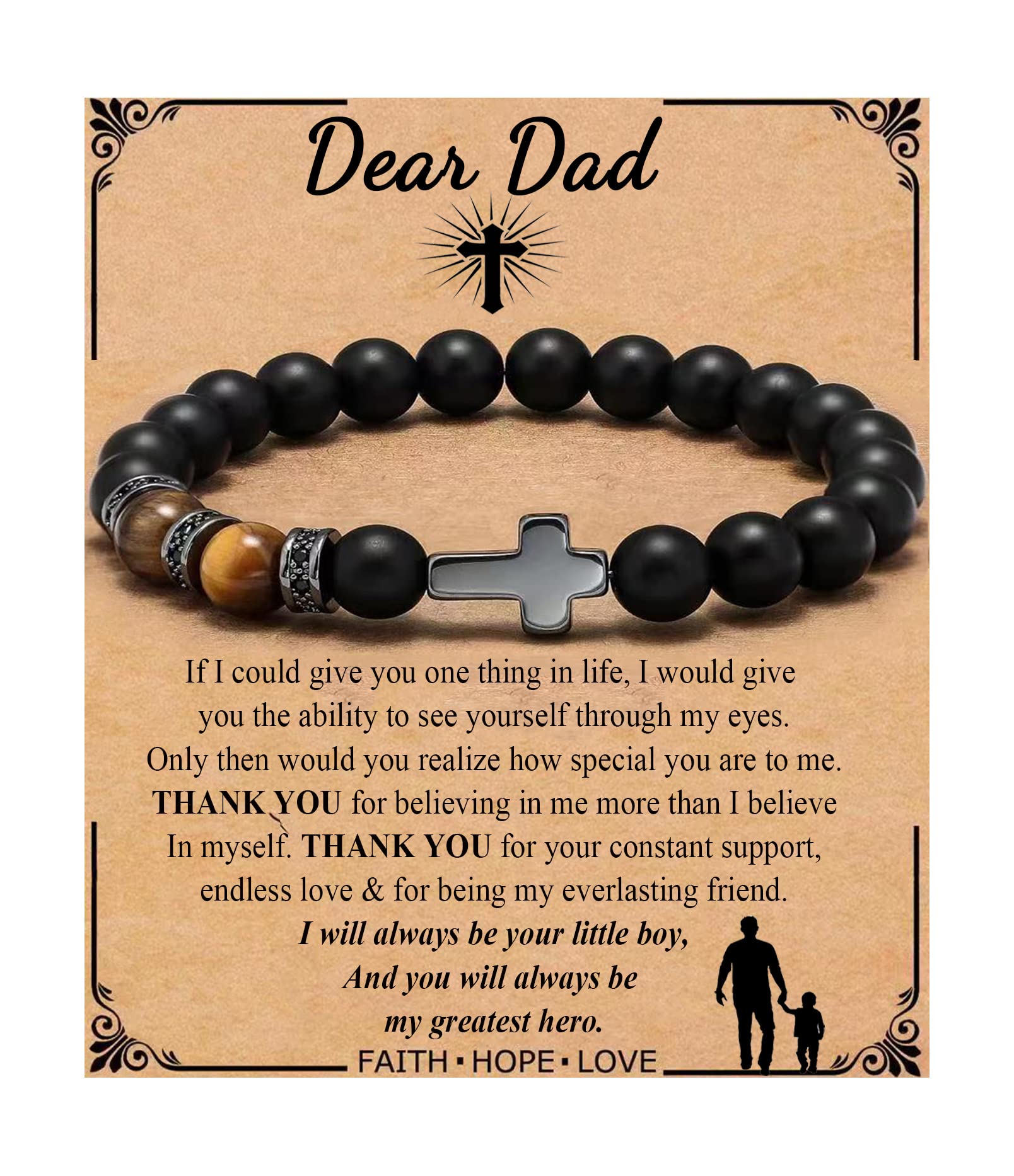 QWNHONEY Cross Bracelet for Men Father Dad Husband Son Brother Boyfriend Father's Day Baptism Communion Birthday Graduation Anniversary Christmas Christian Black Tiger Eyes Bead