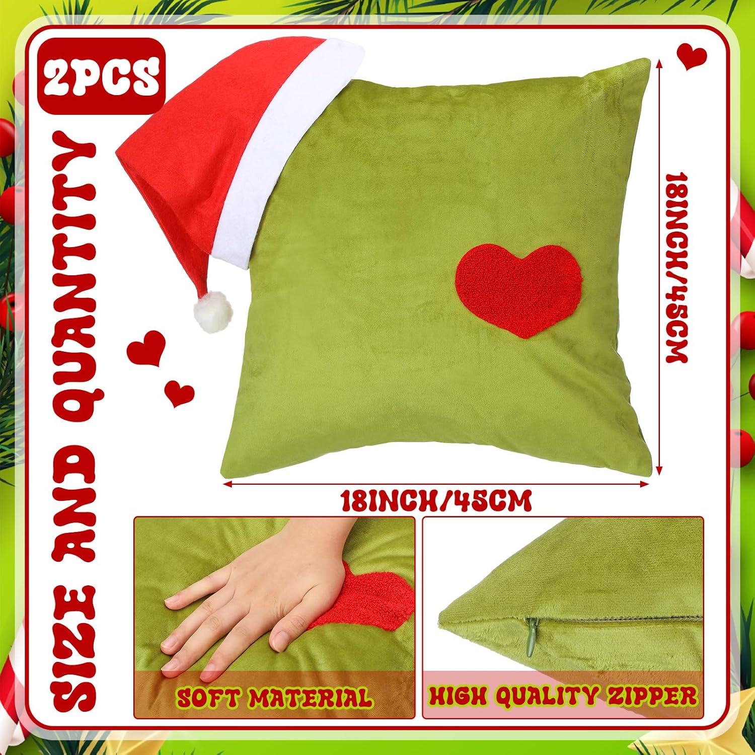 VioraWhite 2 Pcs 18 X18 Inch Christmas Decorative Throw Pillow Cover Christmas Lime Green Plush Pillow Covers Xmas Santa Hat Green Cushion Pillowcases for Couch Winter Holiday Decorations