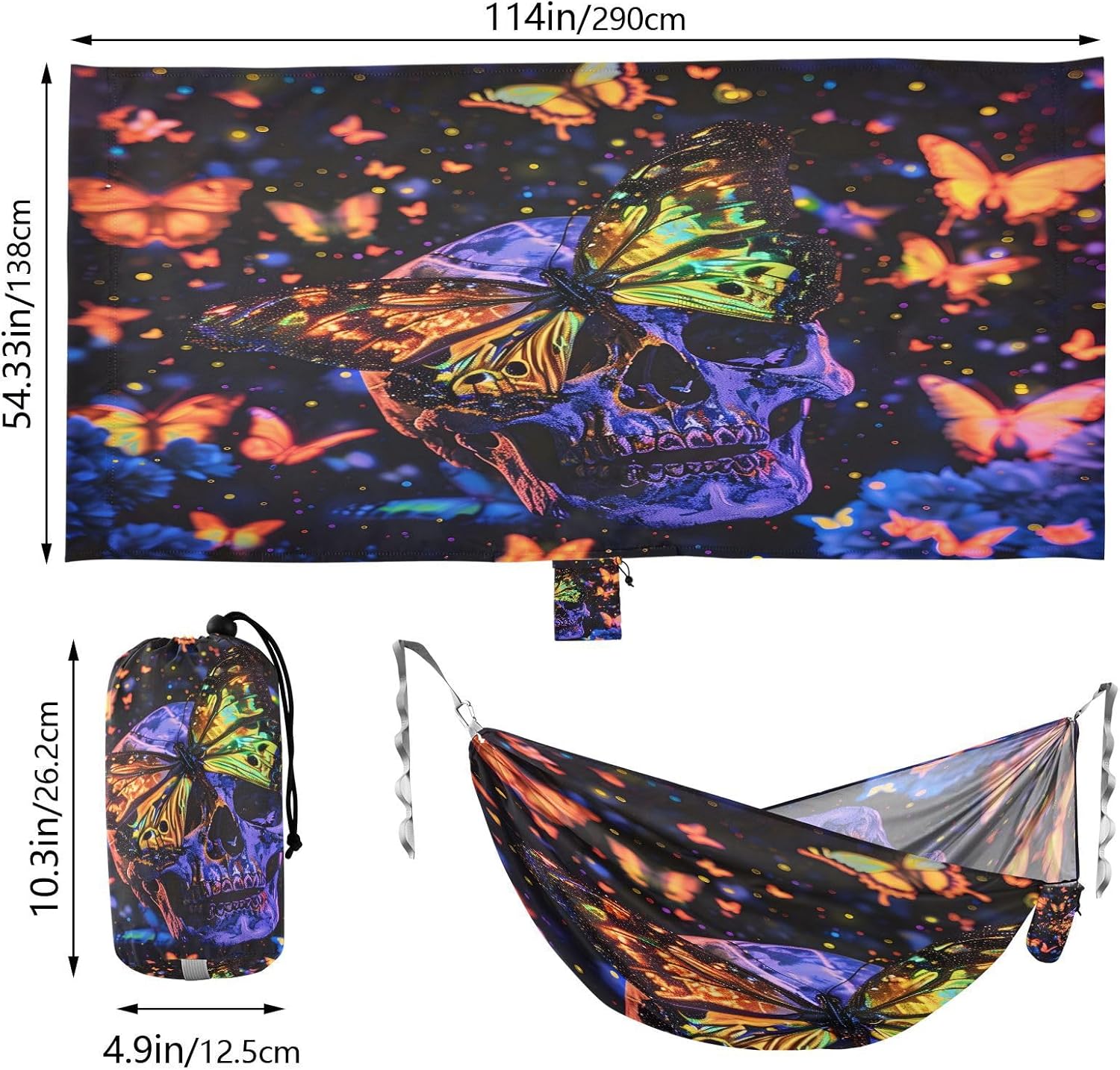 ALAZA Skull Betterflies Camping Hammocks Single or 2 Person 500 lbs Portable Parachute Travel Hammock w/Tree Straps for Hiking Backpacking Indoor Outdoor